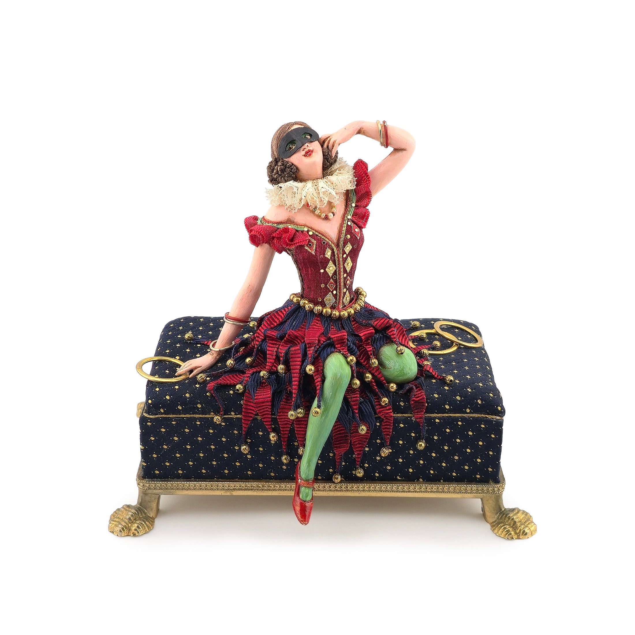 Gale Elena Bantock Venetian Harlequin Masquerade Performer Doll on Upholstered Bench