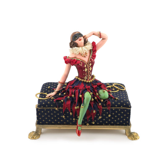 Gale Elena Bantock Venetian Harlequin Masquerade Performer Doll on Upholstered Bench