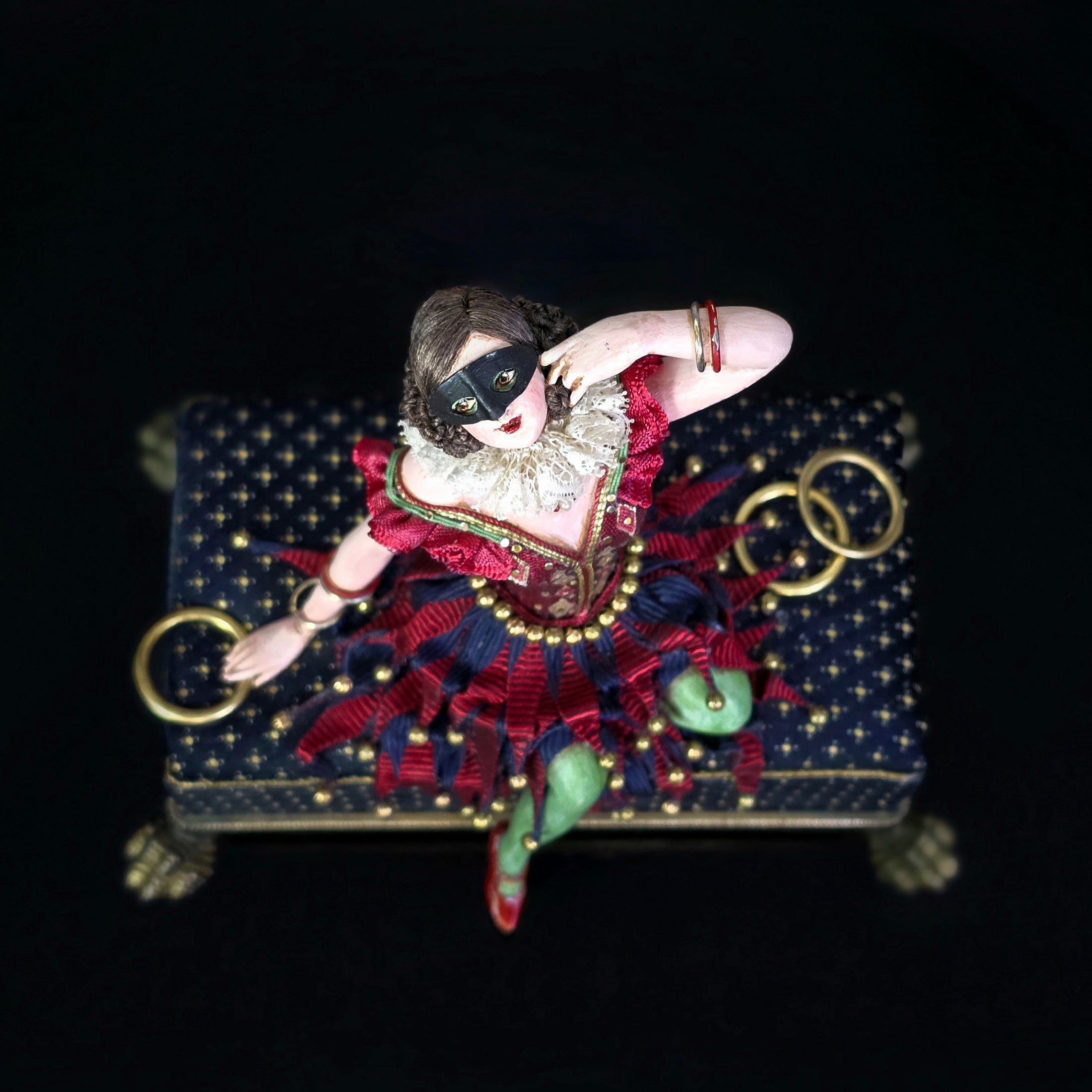 Gale Elena Bantock Venetian Harlequin Masquerade Performer Doll on Upholstered Bench