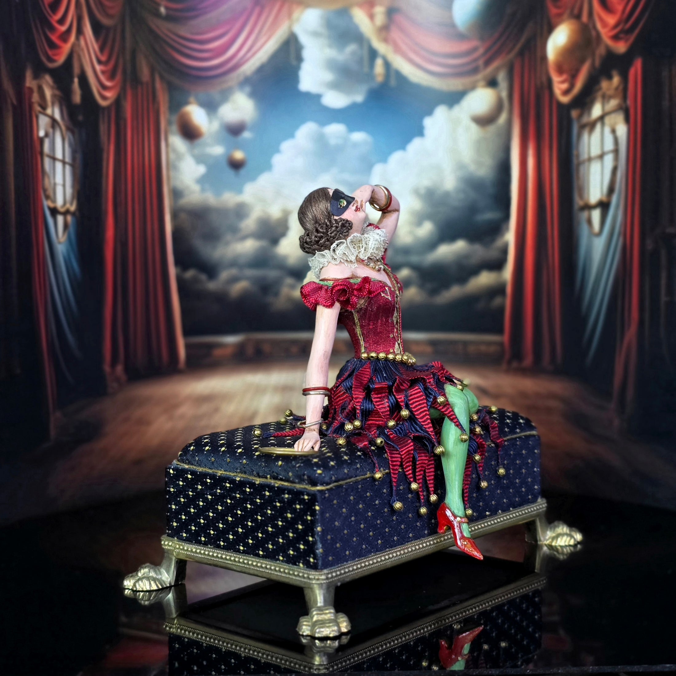 Gale Elena Bantock Venetian Harlequin Masquerade Performer Doll on Upholstered Bench