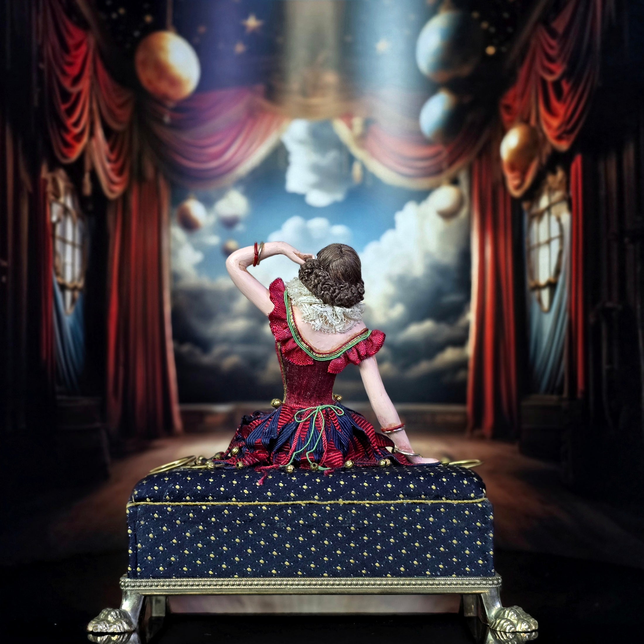 Gale Elena Bantock Venetian Harlequin Masquerade Performer Doll on Upholstered Bench
