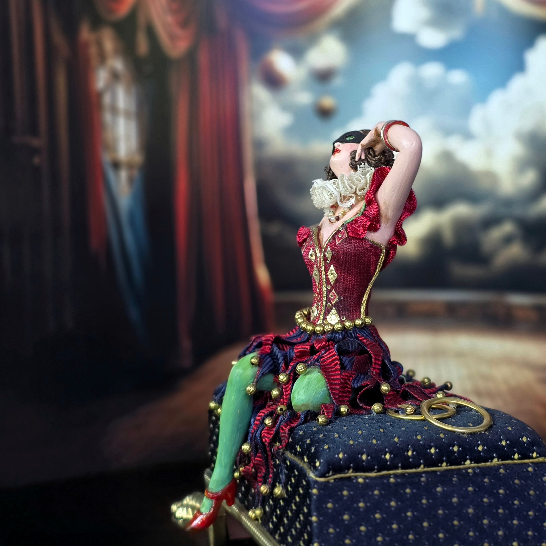 Gale Elena Bantock Venetian Harlequin Masquerade Performer Doll on Upholstered Bench