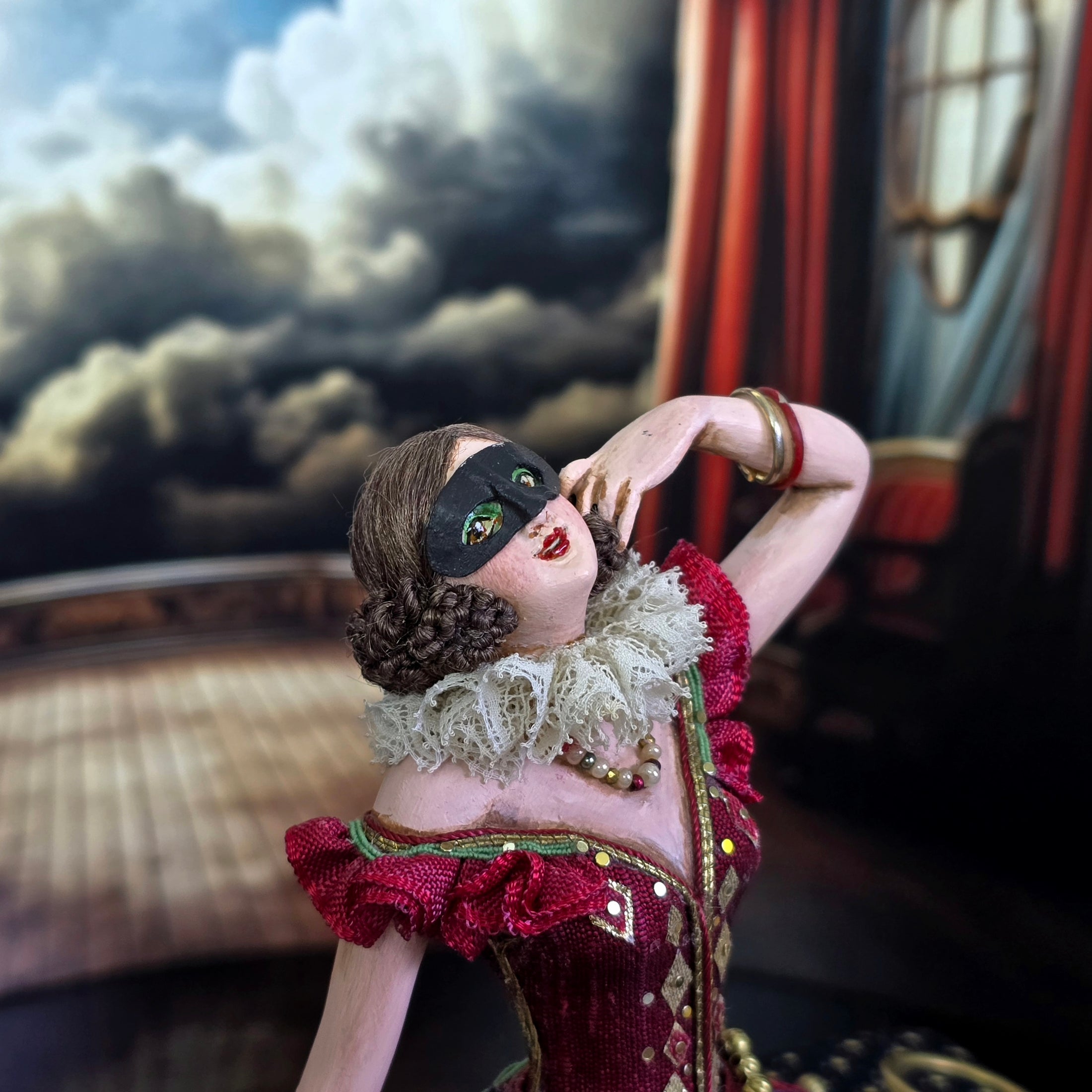 Gale Elena Bantock Venetian Harlequin Masquerade Performer Doll on Upholstered Bench