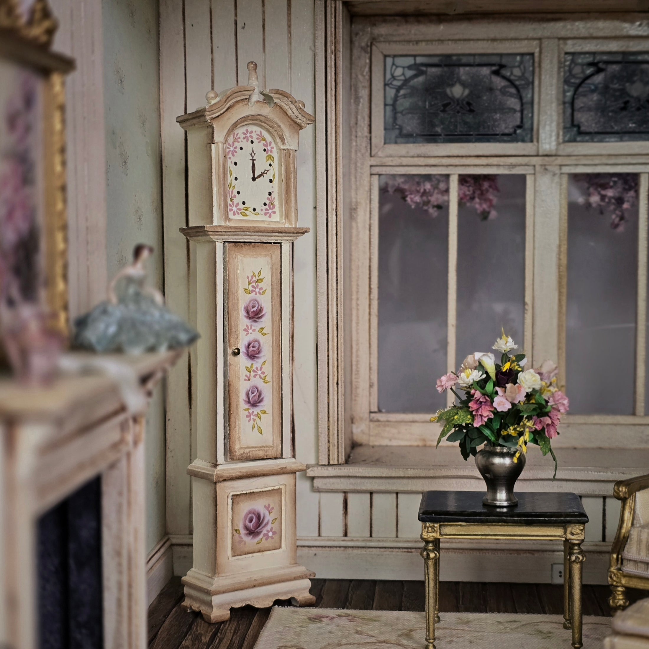 Hand-Painted Country Rose Grandfather Clock Dollhouse Miniature