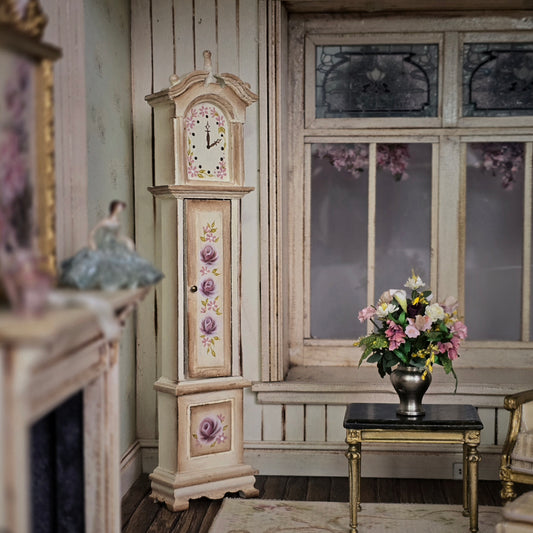 Hand-Painted Country Rose Grandfather Clock Dollhouse Miniature