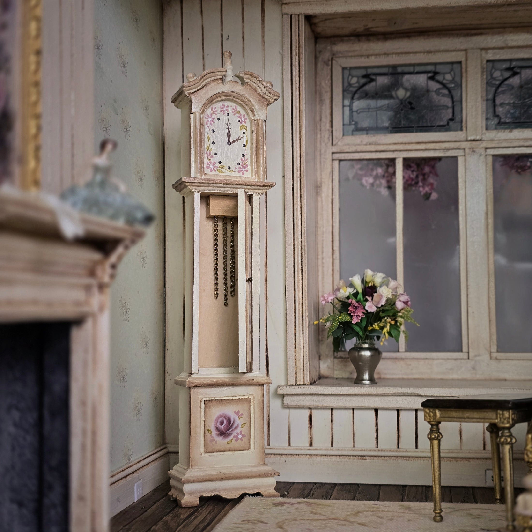 Hand-Painted Country Rose Grandfather Clock Dollhouse Miniature