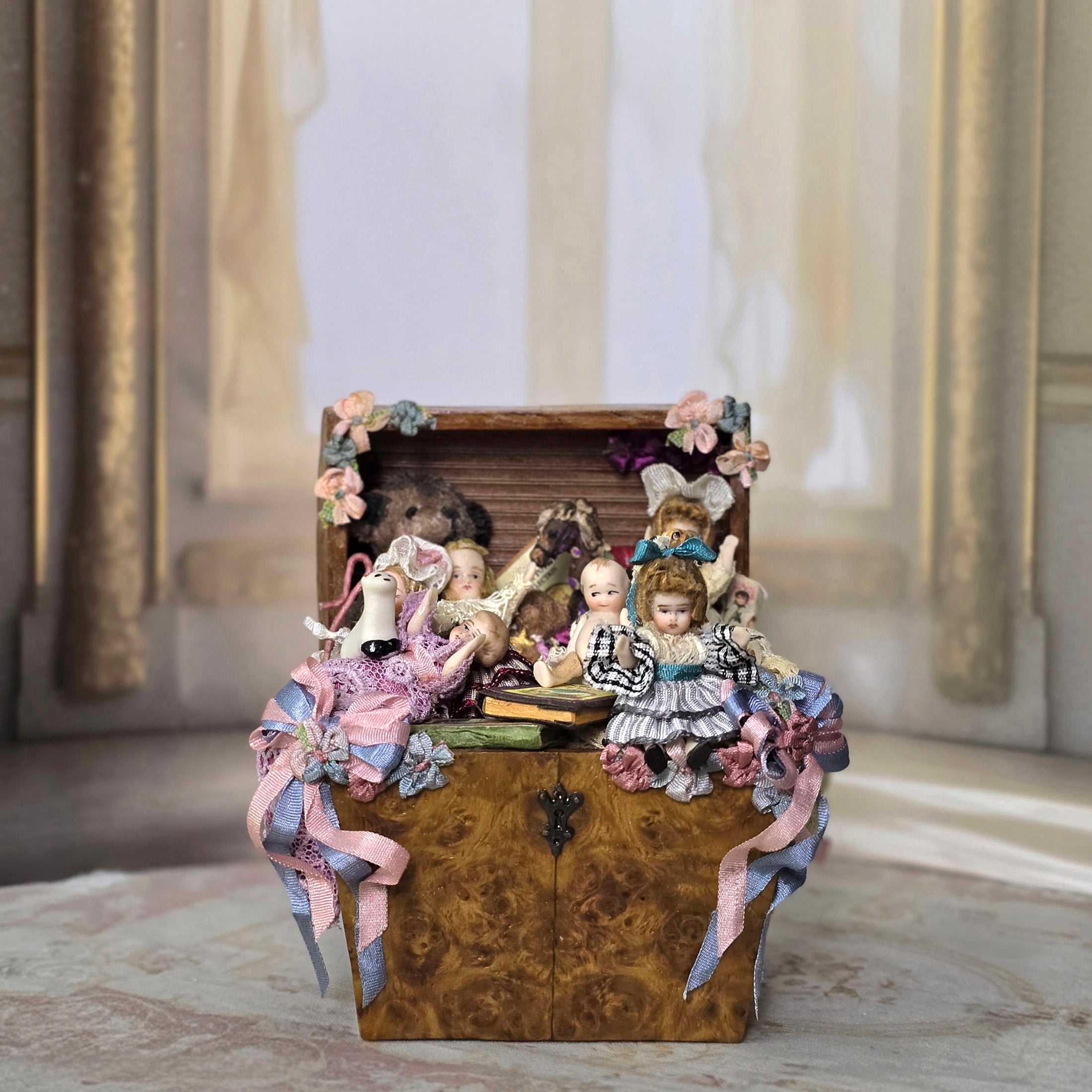 Pat Boldt OOAK Overflowing Burlwood Antique Toy Trunk Vignette Baby Dolls