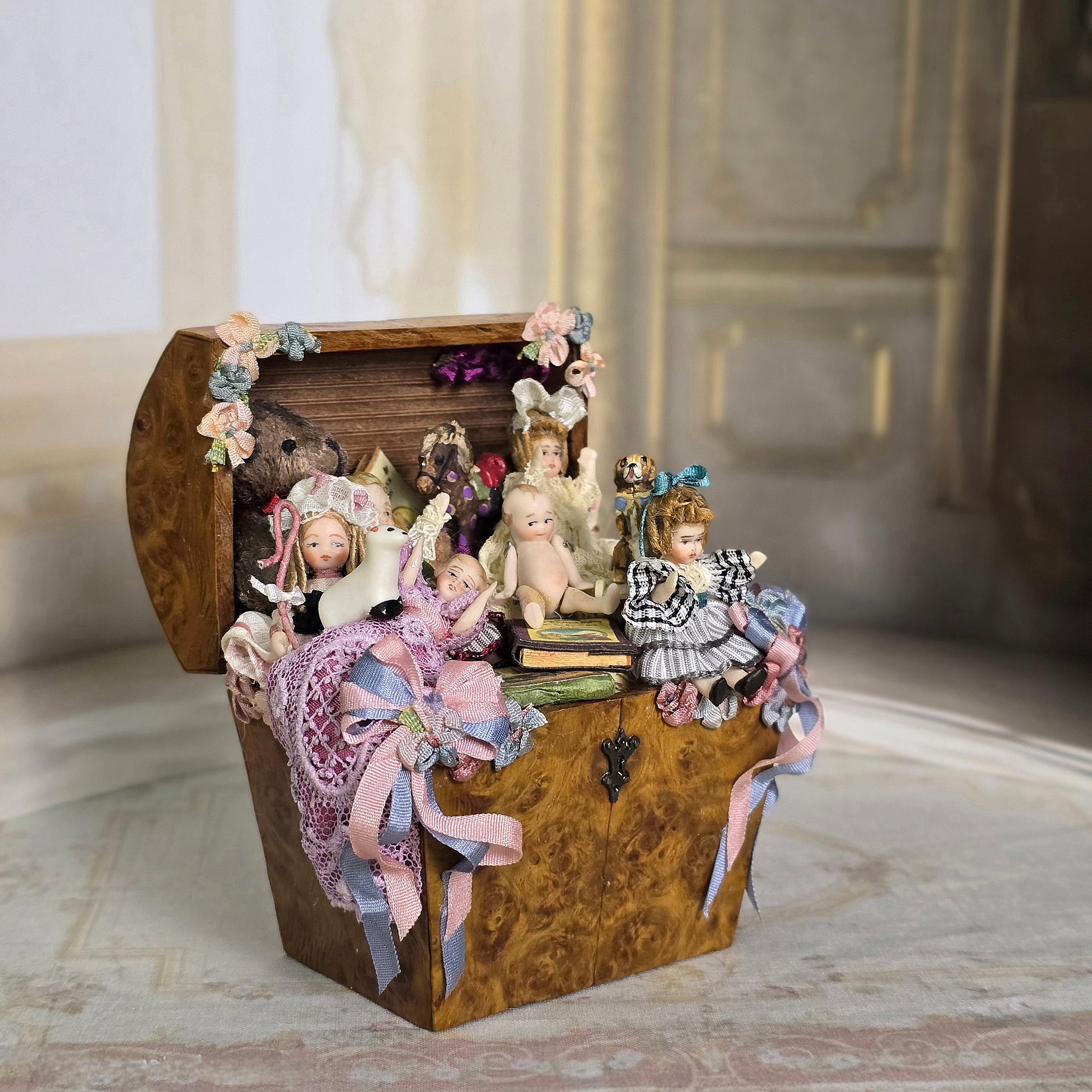 Pat Boldt OOAK Overflowing Burlwood Antique Toy Trunk Vignette Baby Dolls
