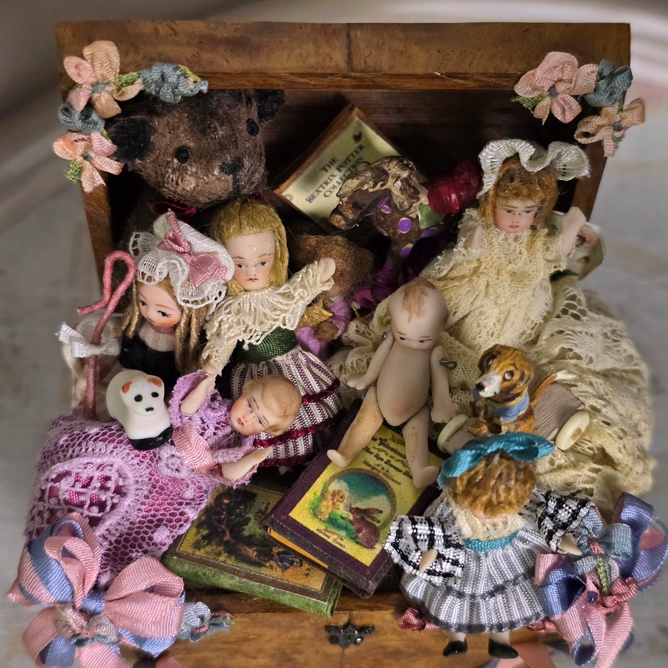 Pat Boldt OOAK Overflowing Burlwood Antique Toy Trunk Vignette Baby Dolls