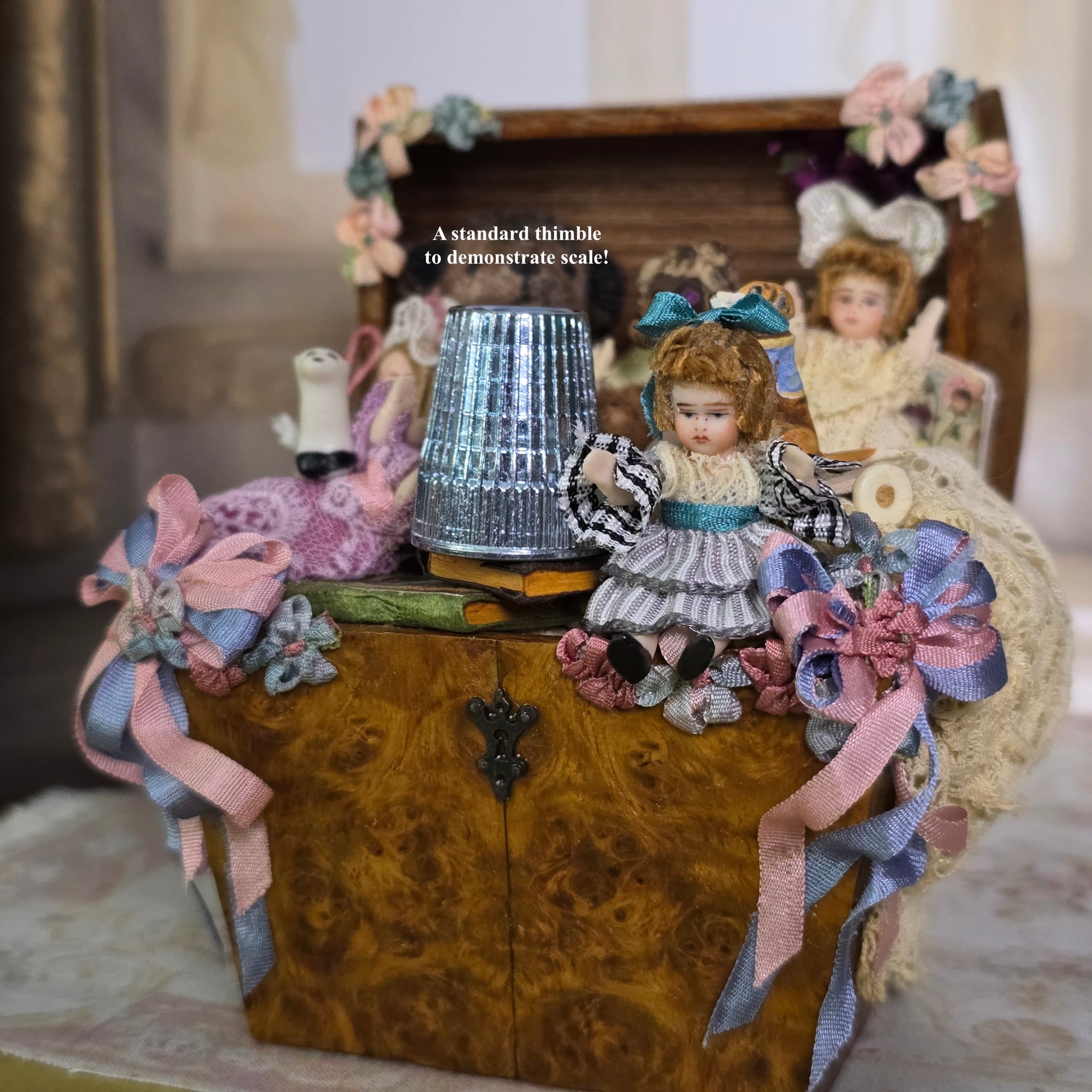 Pat Boldt OOAK Overflowing Burlwood Antique Toy Trunk Vignette Baby Dolls