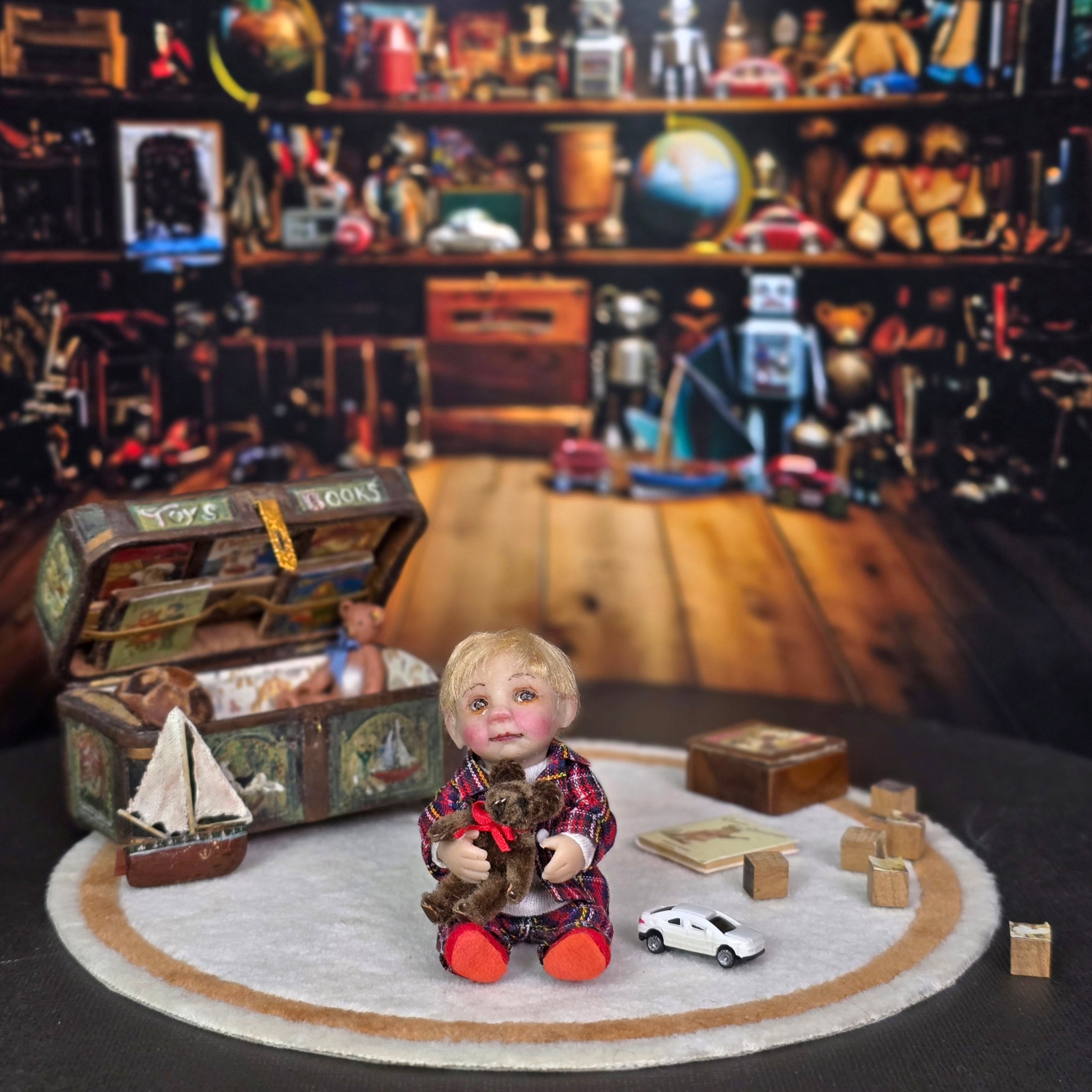 Catherine Muriere Blonde Toddler Boy with His Teddy Bear OOAK