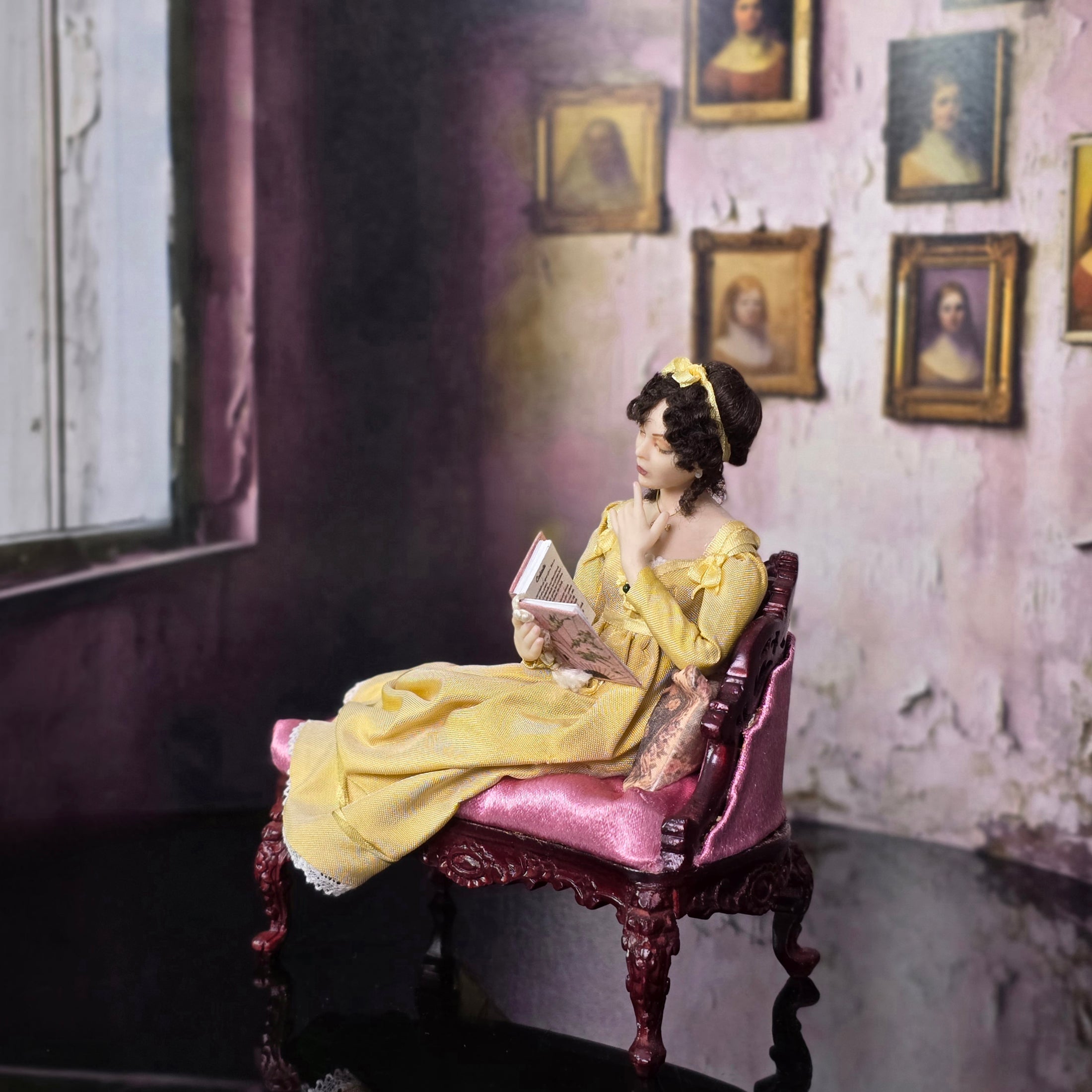Regency Lady Doll with Silk Gown Reading on Chaise Lounge Dana Burton