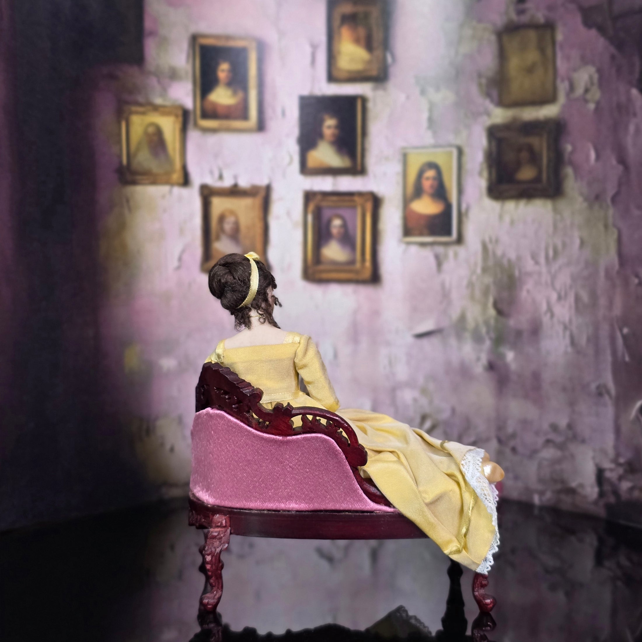 Regency Lady Doll with Silk Gown Reading on Chaise Lounge Dana Burton
