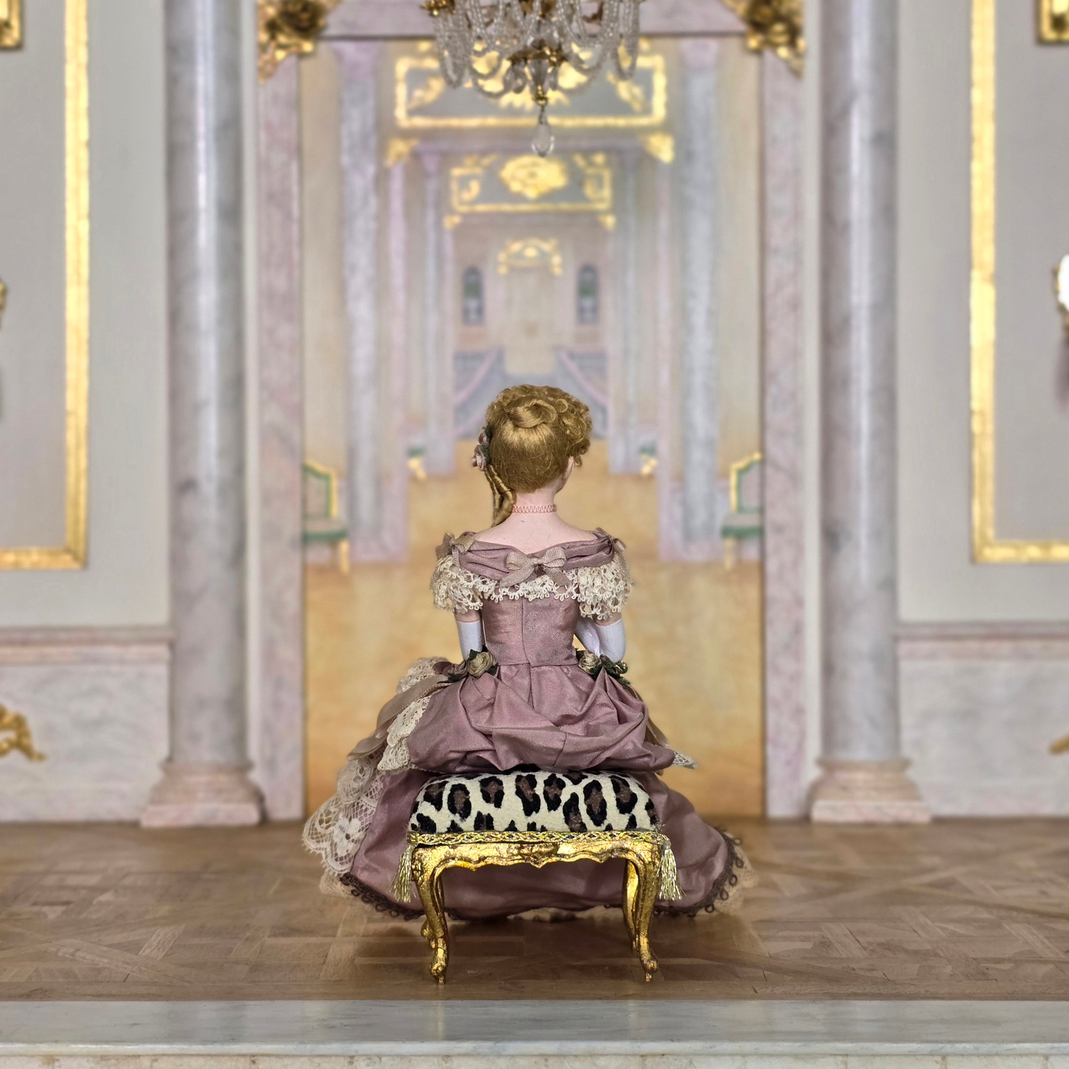 Galia Bazylko Seated Victorian Lady Dollhouse Doll Rose Silk Gown