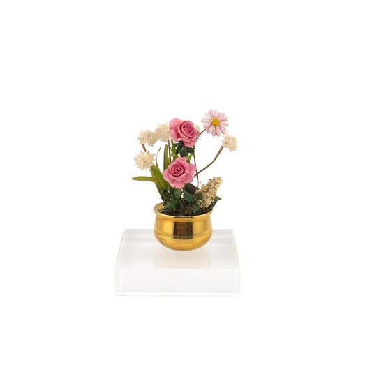 Carol Wagner Pink Rose Arrangement in Brass Bowl Miniature Dollhouse