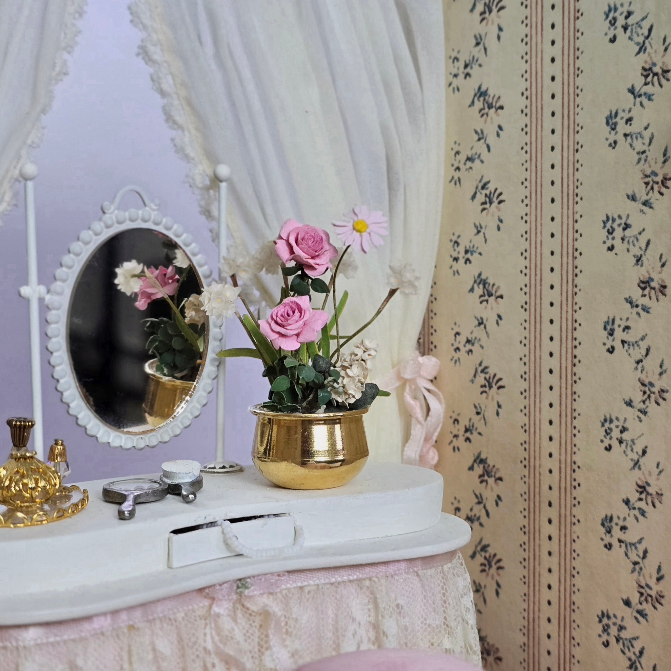 Carol Wagner Pink Rose Arrangement in Brass Bowl Miniature Dollhouse