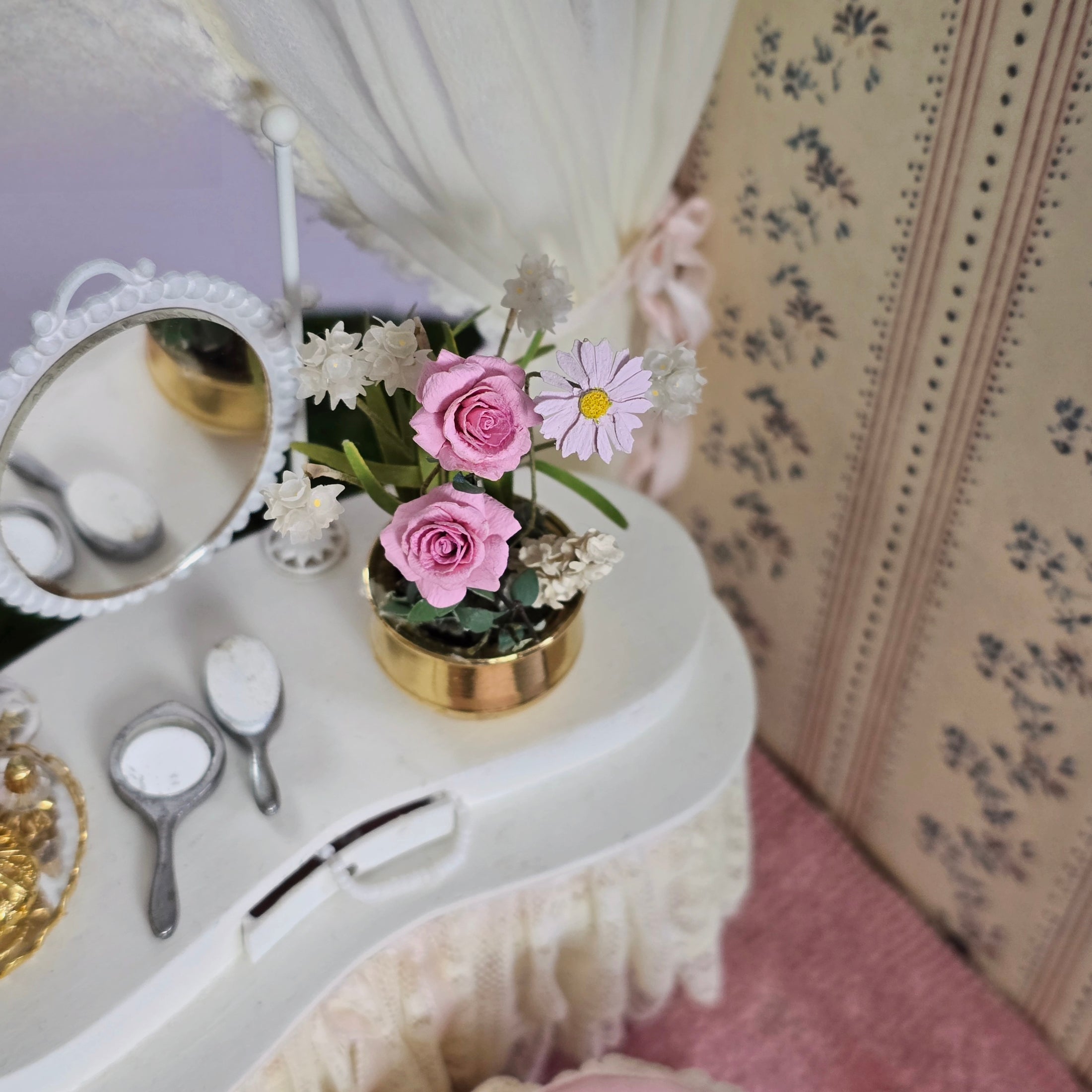 Carol Wagner Pink Rose Arrangement in Brass Bowl Miniature Dollhouse