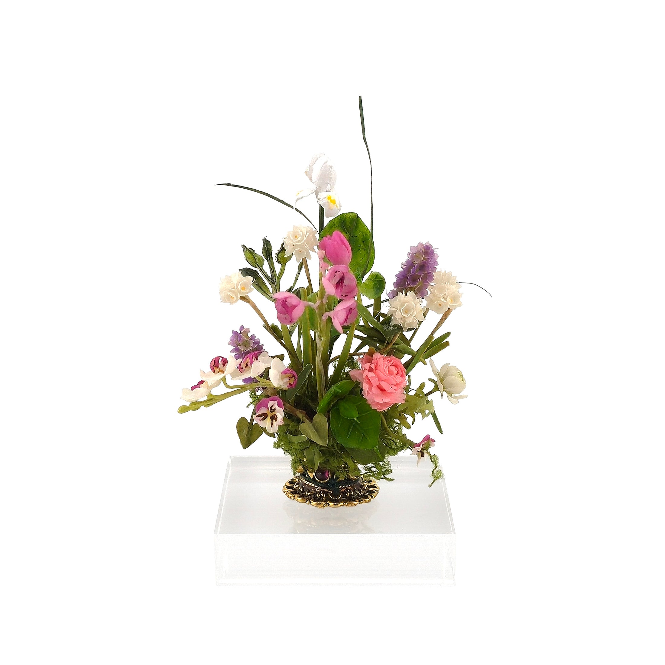 Jeweled Spring Floral Arrangement in Ornate Gold Vase Miniature Dollhouse