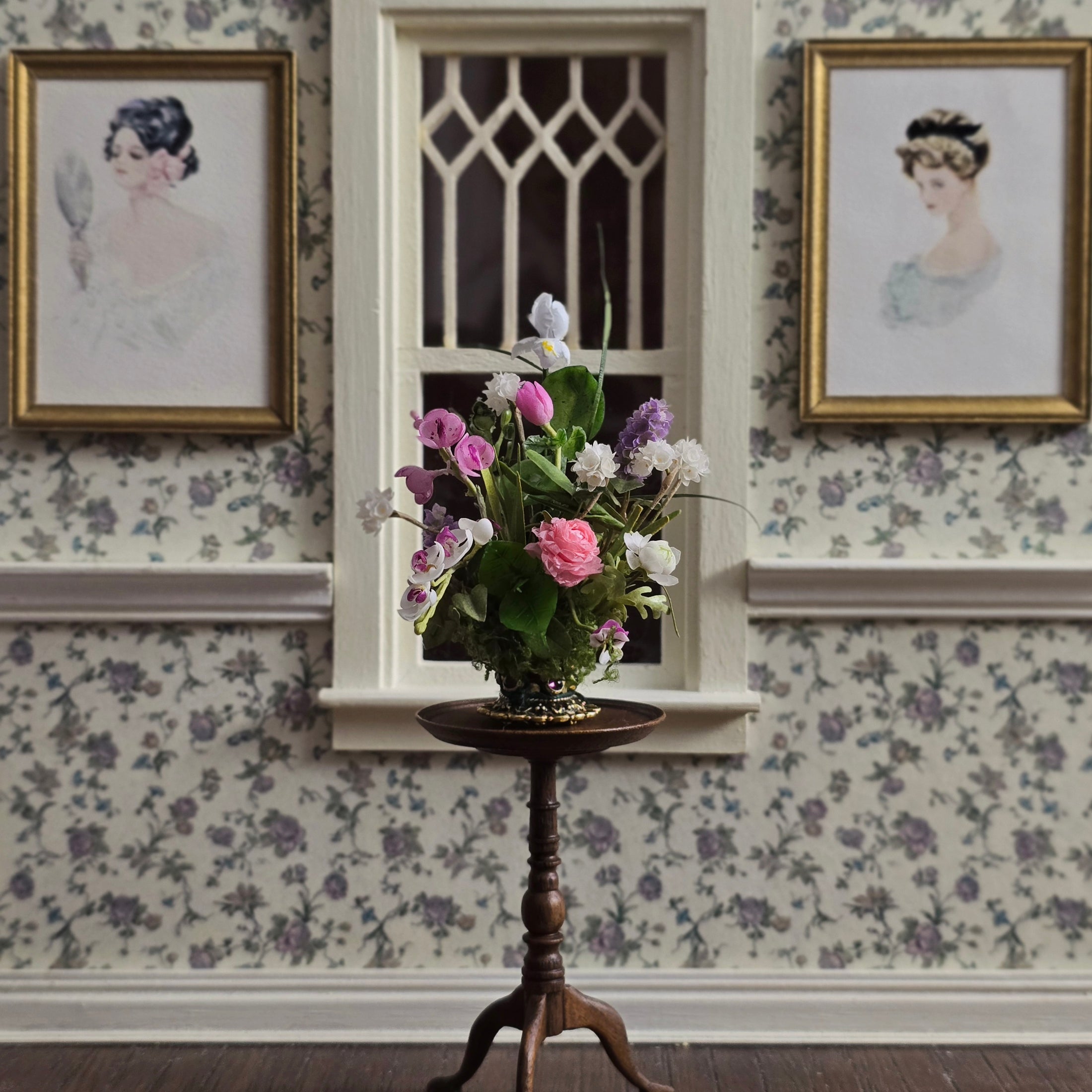 Jeweled Spring Floral Arrangement in Ornate Gold Vase Miniature Dollhouse