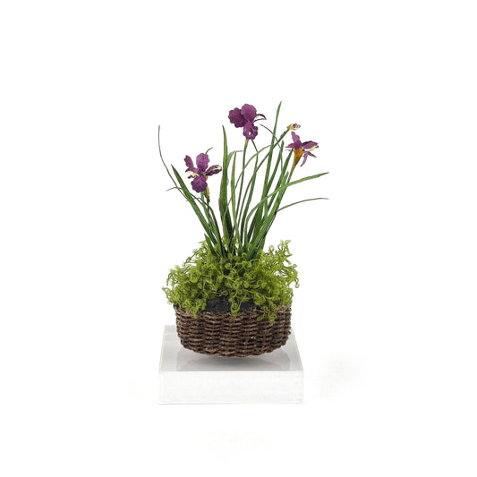 Purple Iris and Moss Arrangement in Woven Basket Miniature Dollhouse
