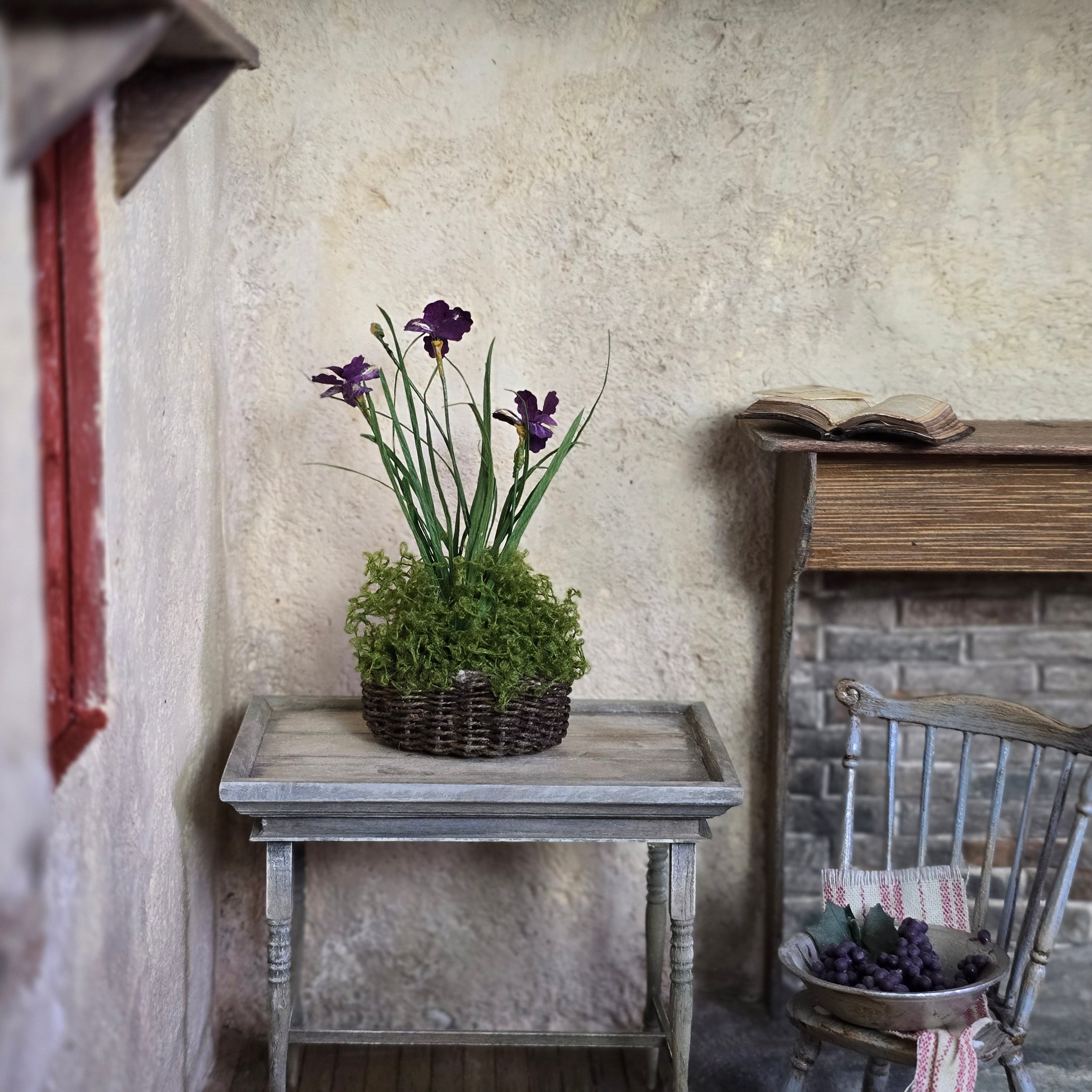 Purple Iris and Moss Arrangement in Woven Basket Miniature Dollhouse