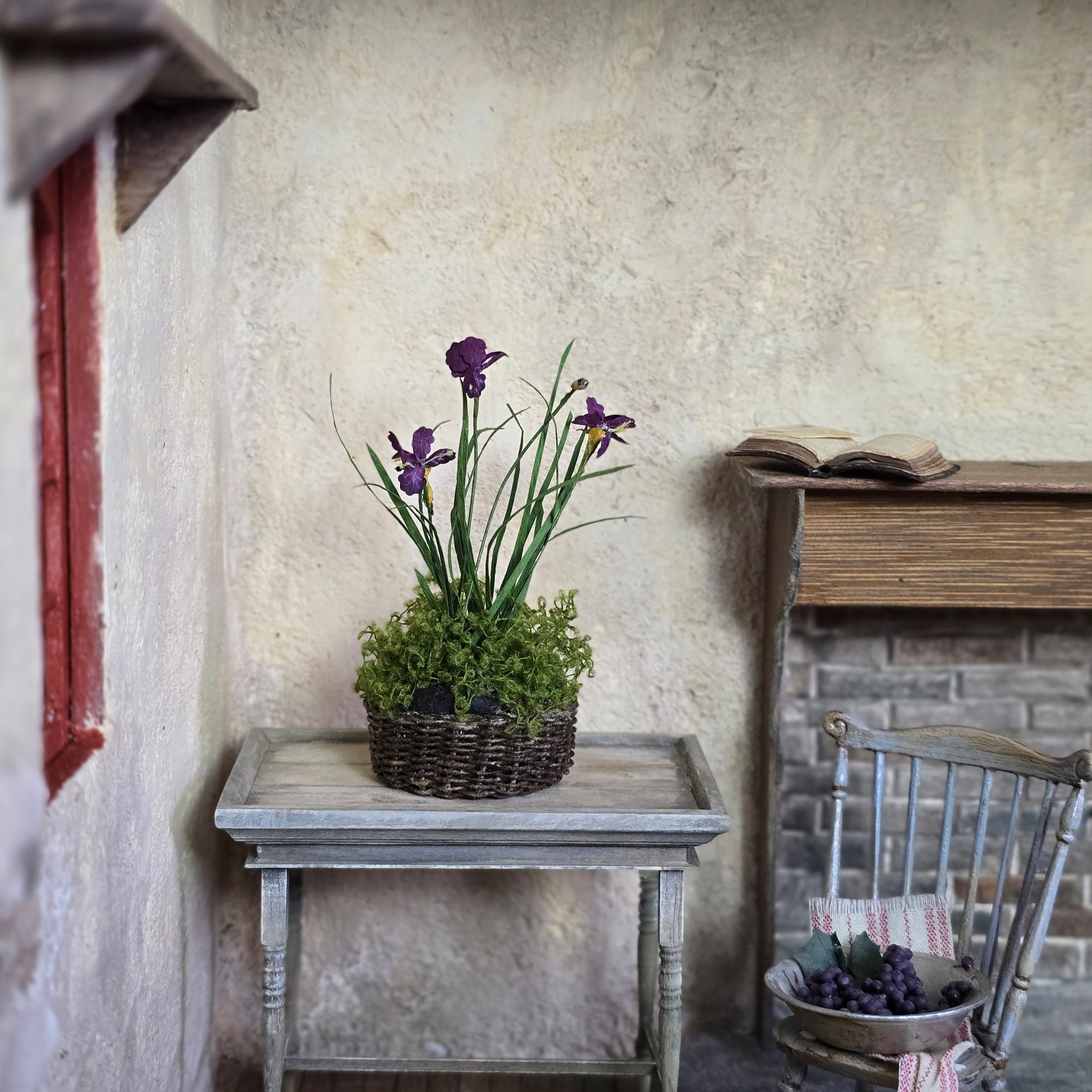 Purple Iris and Moss Arrangement in Woven Basket Miniature Dollhouse