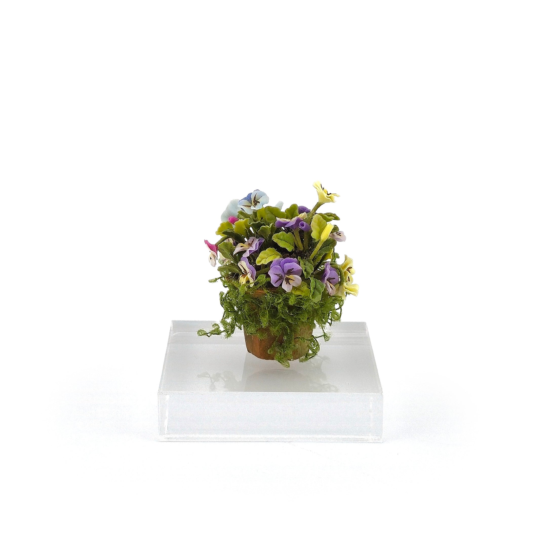 Autumn Colorful Clay Pansies in Pot with Trailing Moss Miniature Dollhouse