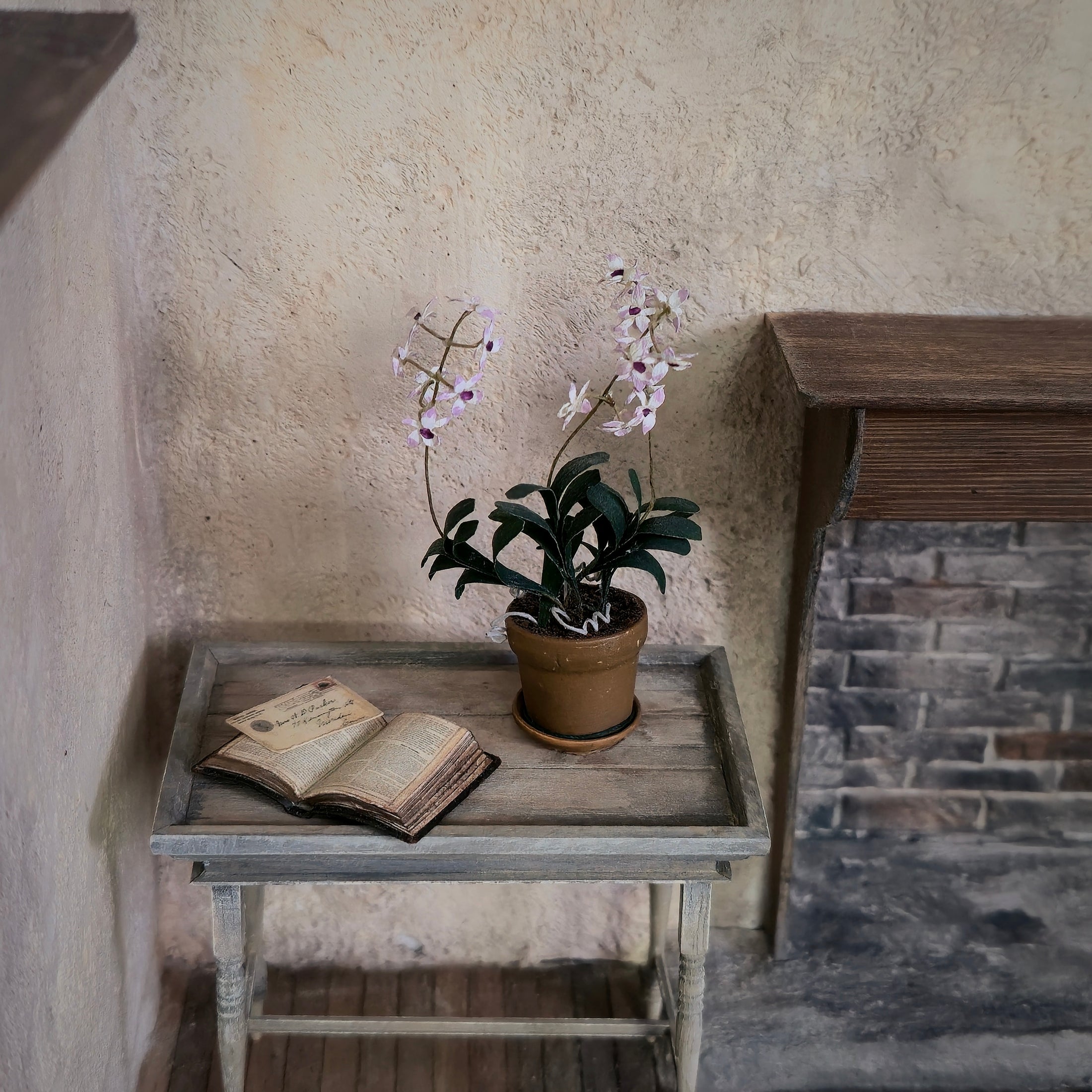Pink & White Dendrobium Kingianum Orchid in Terracotta Pot Miniature Dollhouse