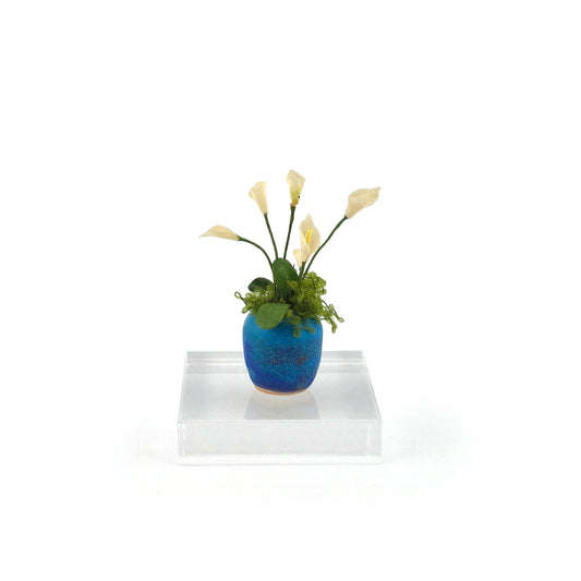 White Calla Lilies in Signed Artisan Blue Pot Miniature Dollhouse
