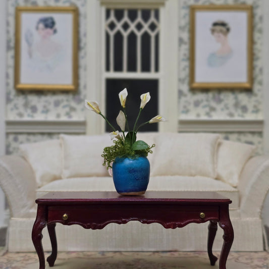 White Calla Lilies in Signed Artisan Blue Pot Miniature Dollhouse