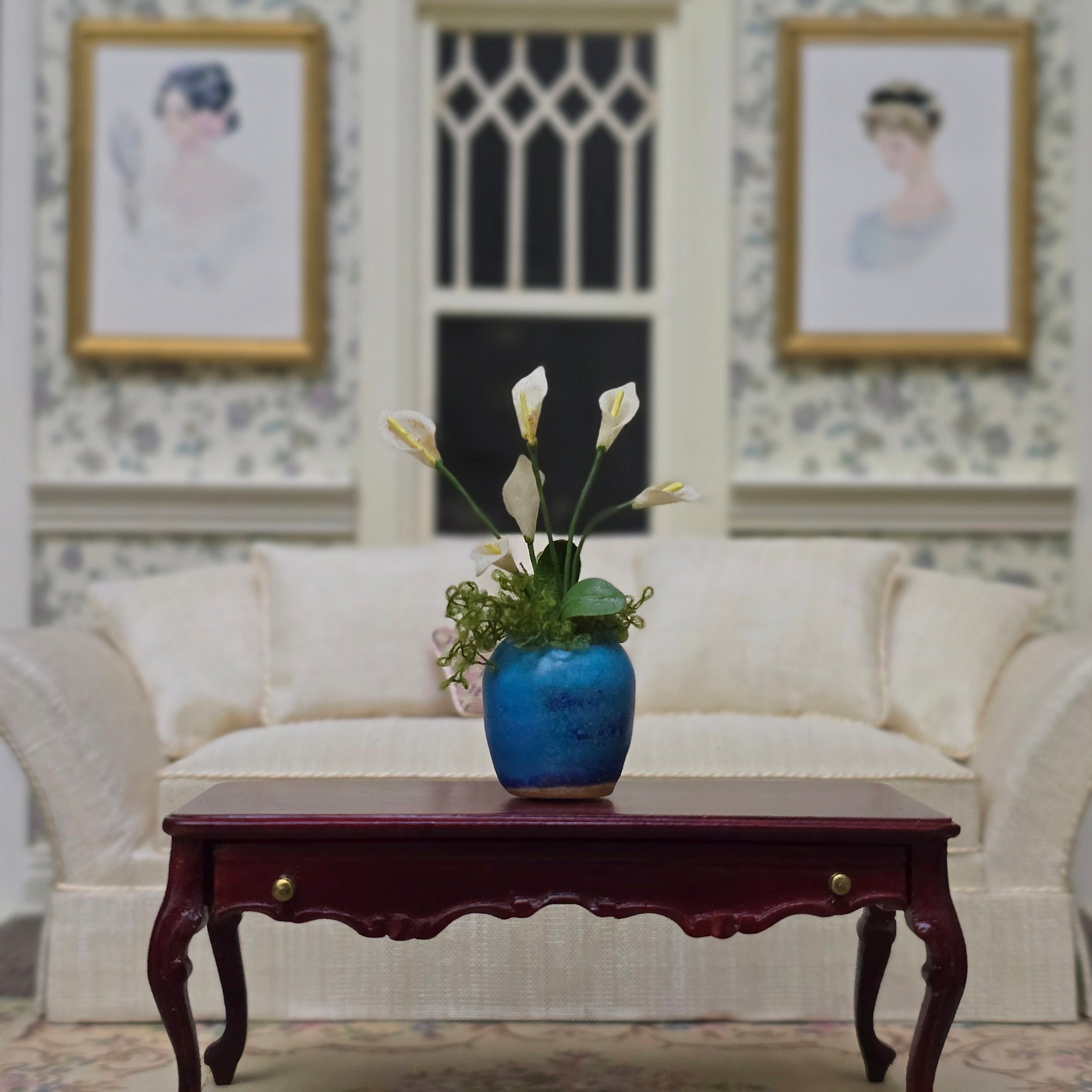 White Calla Lilies in Signed Artisan Blue Pot Miniature Dollhouse
