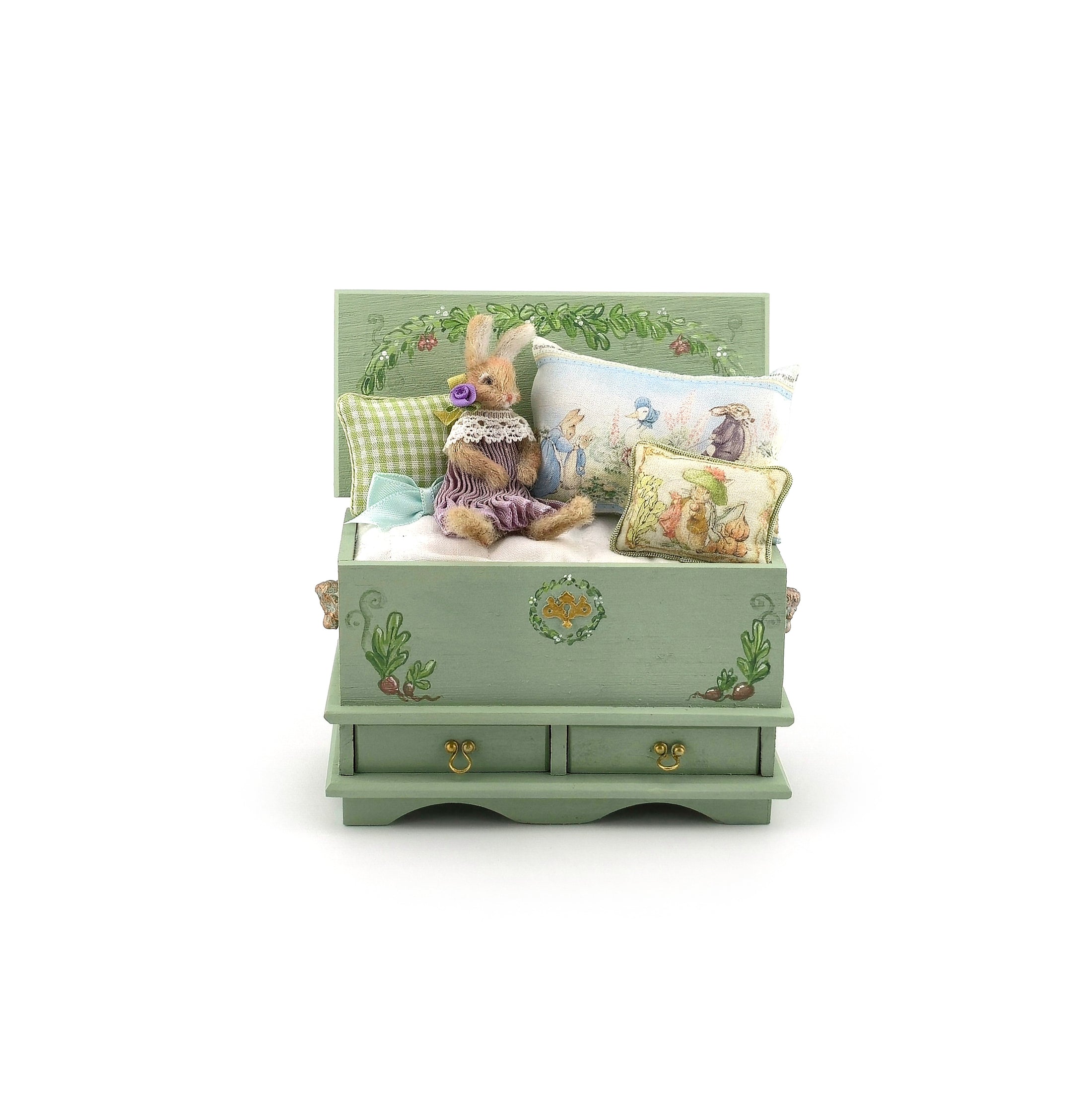 Bridget McCarty Sage Green Beatrix Potter Storage Bench & Bunny Vignette