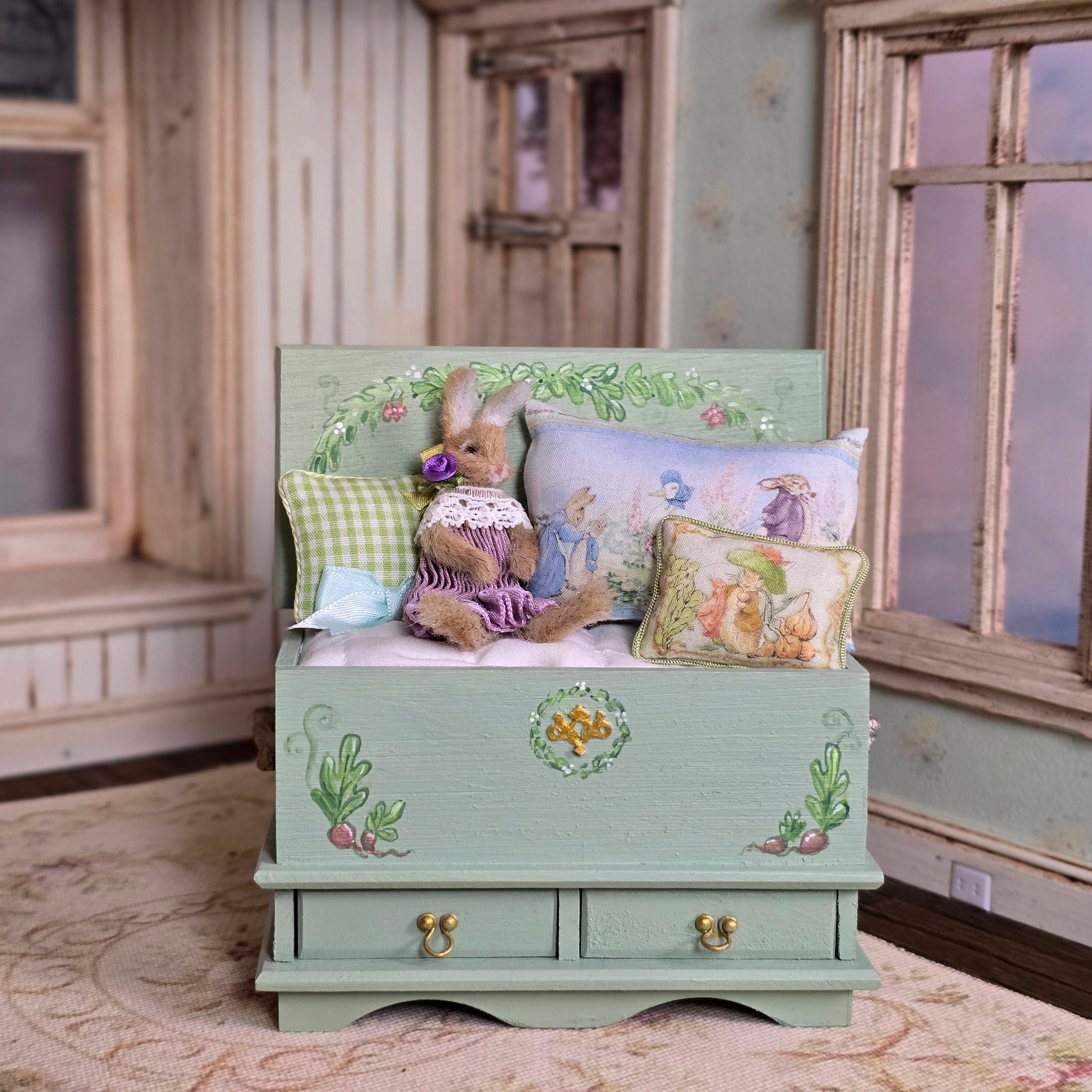 Bridget McCarty Sage Green Beatrix Potter Storage Bench & Bunny Vignette
