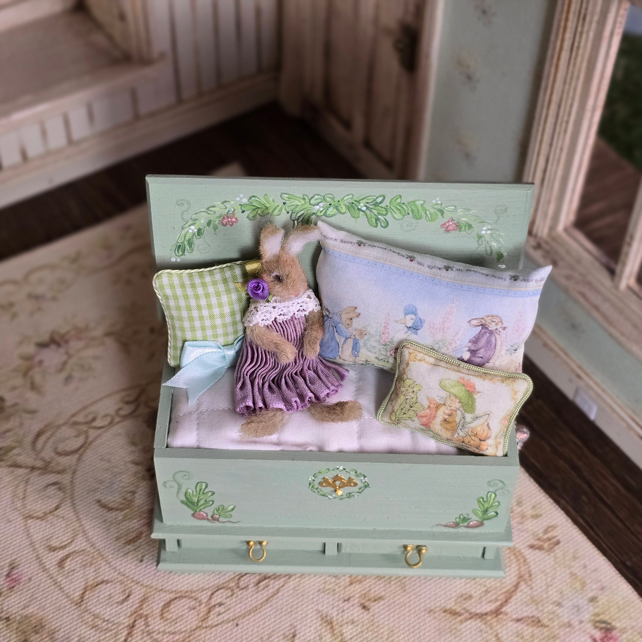 Bridget McCarty Sage Green Beatrix Potter Storage Bench & Bunny Vignette