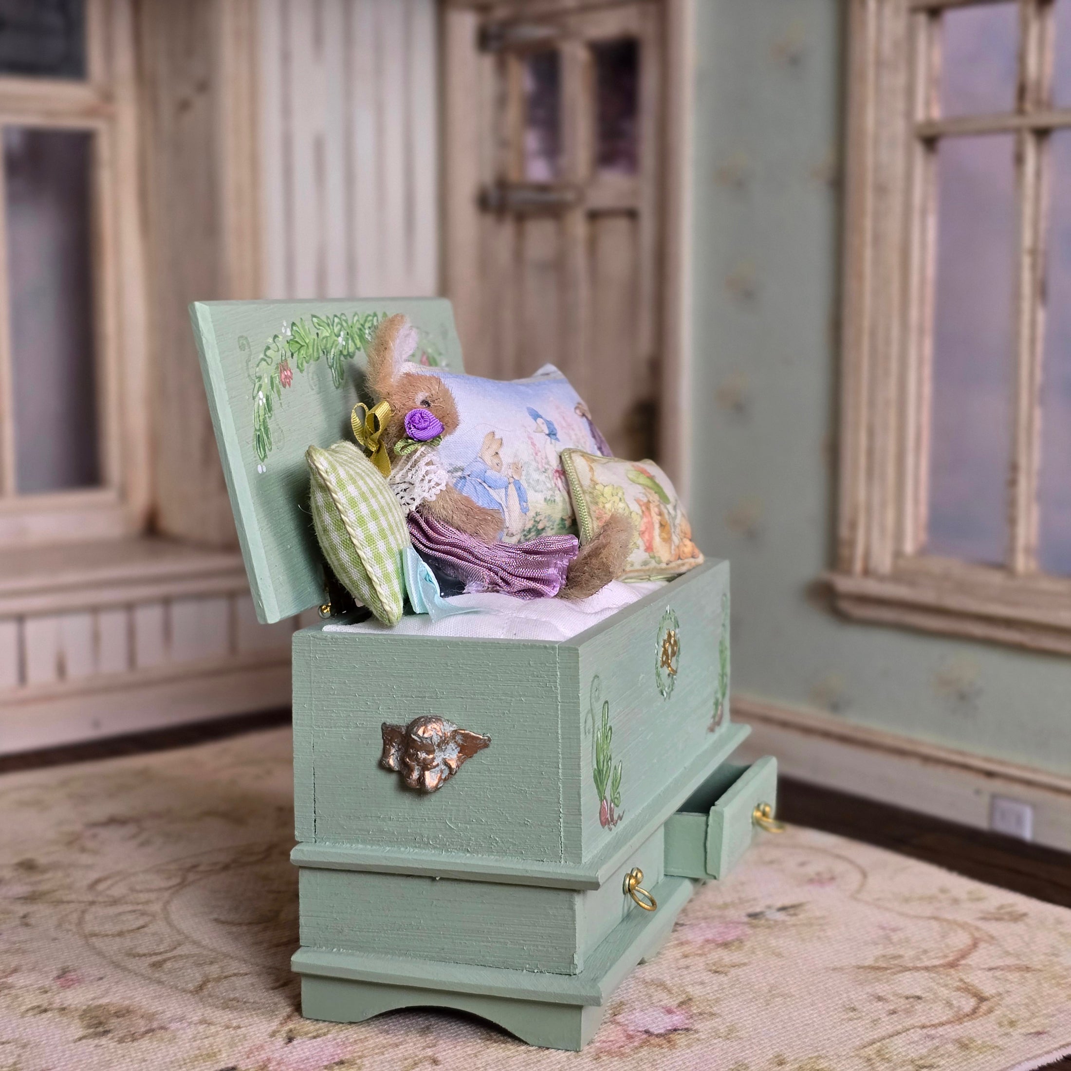 Bridget McCarty Sage Green Beatrix Potter Storage Bench & Bunny Vignette
