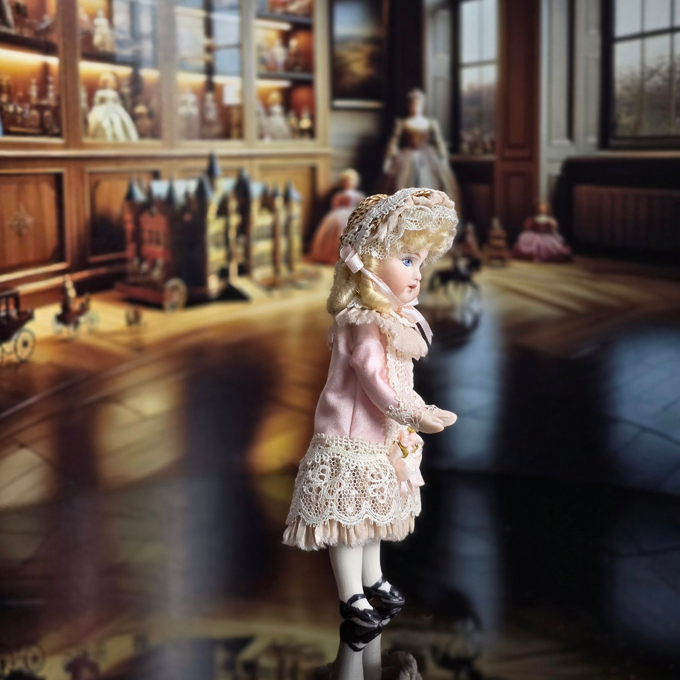 Bisque Victorian Mignonette Style Girl Doll with Inset Blue Glass Eyes