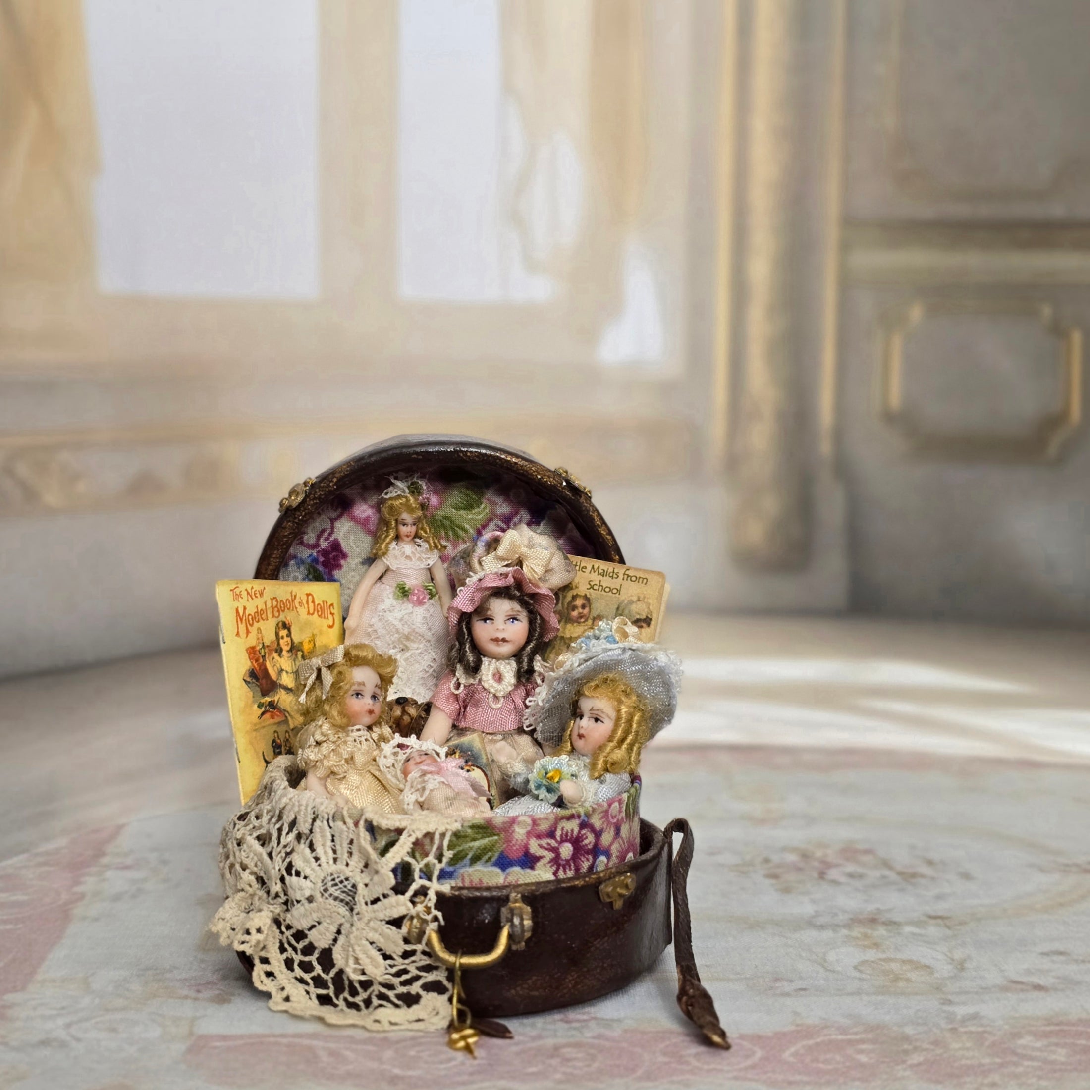 Pat Boldt Porcelain Victorian Doll Collection in Leather Hatbox