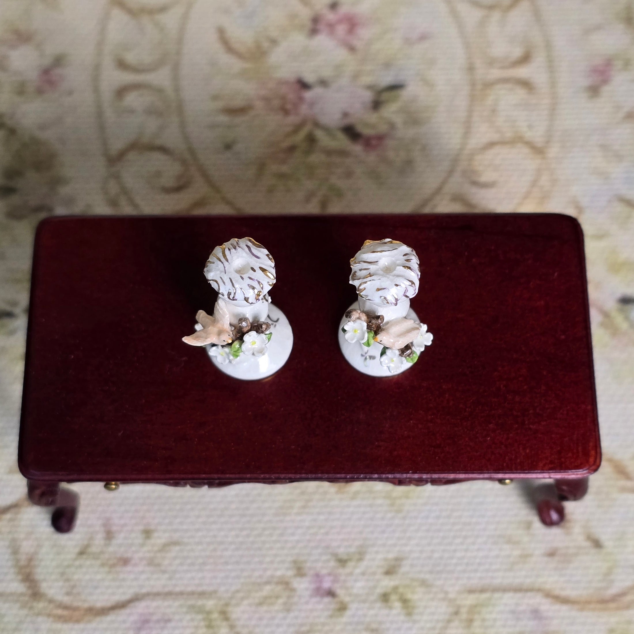 Jack Cashmere Bird Gilt Porcelain Candlesticks Pair Miniature Dollhouse