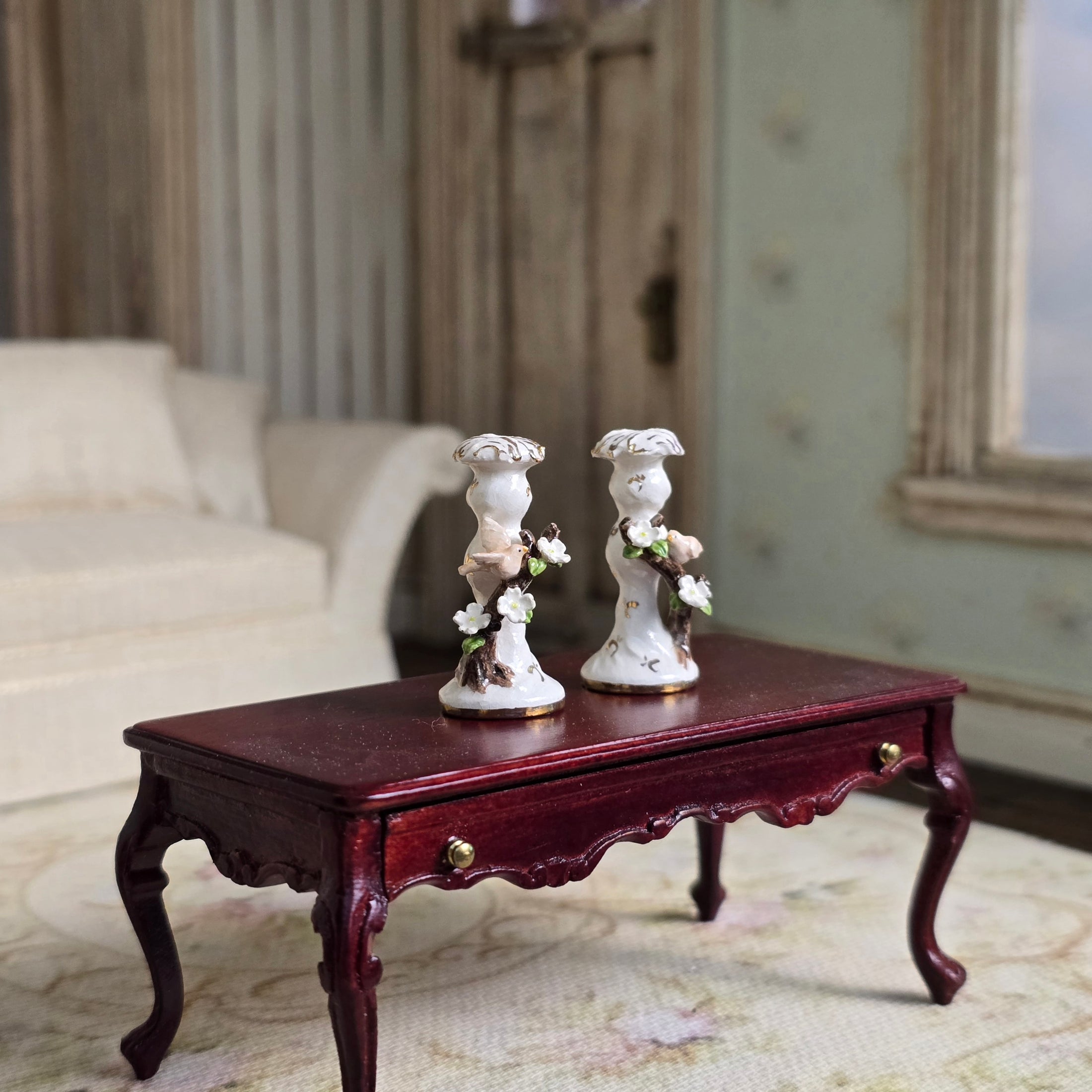 Jack Cashmere Bird Gilt Porcelain Candlesticks Pair Miniature Dollhouse