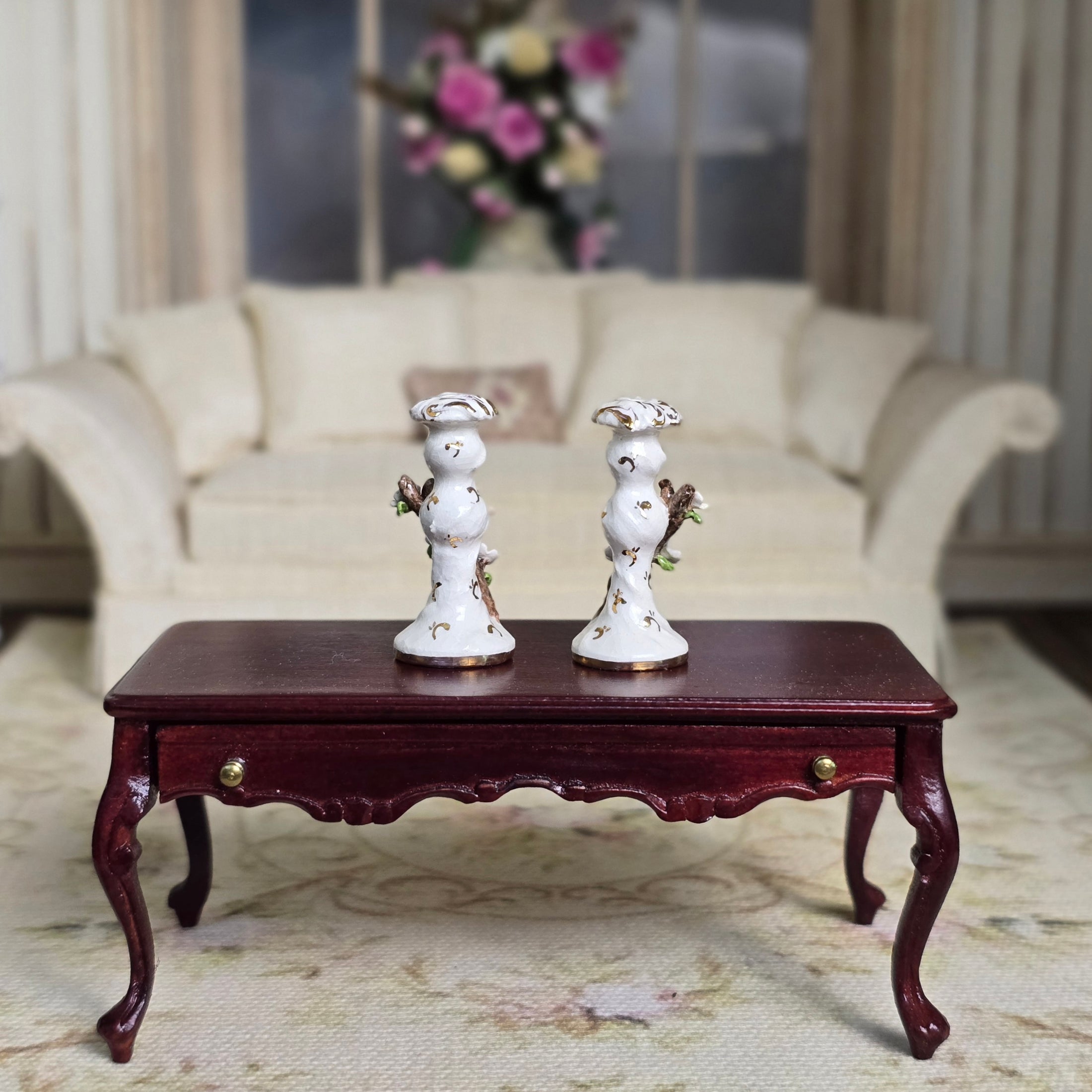 Jack Cashmere Bird Gilt Porcelain Candlesticks Pair Miniature Dollhouse