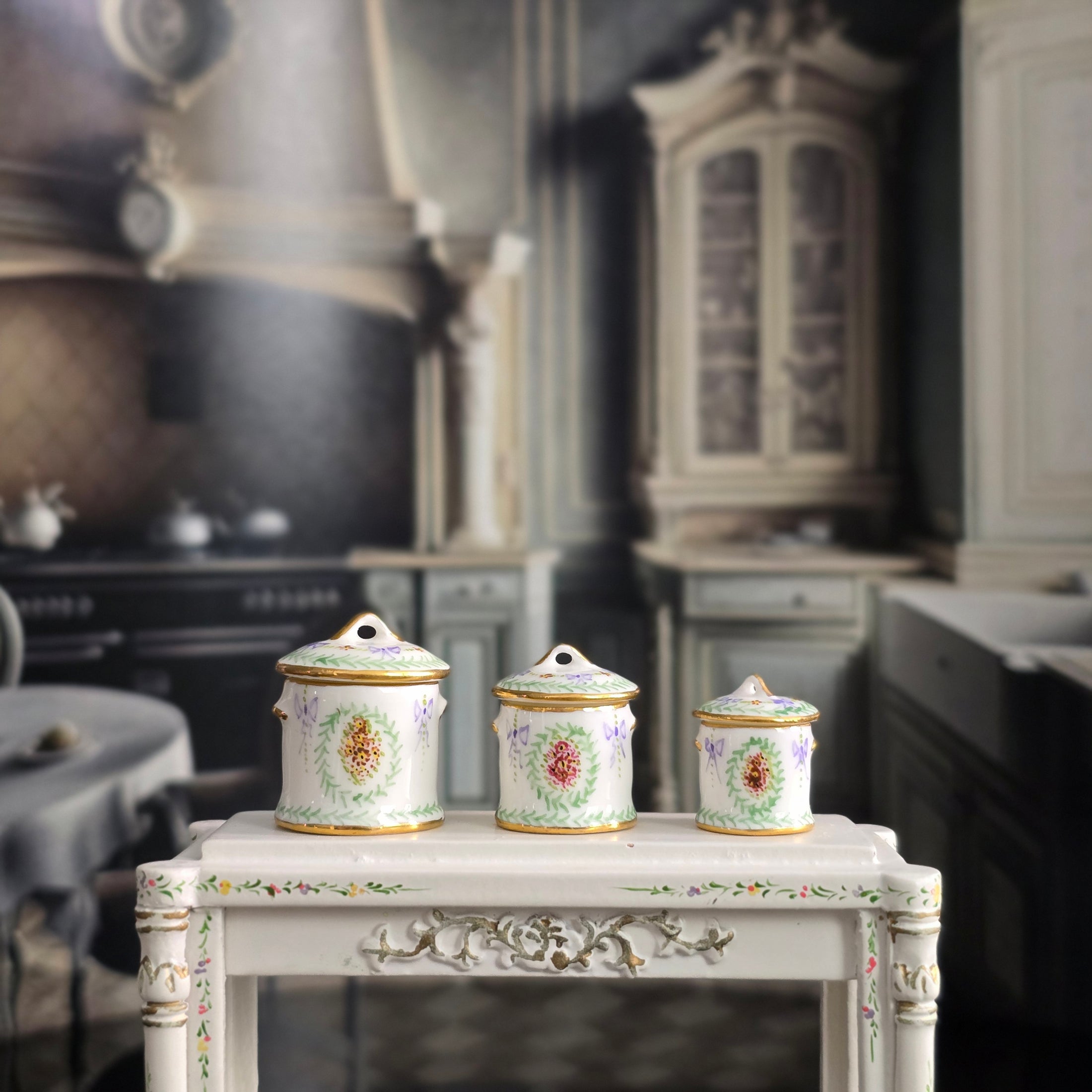 3-Piece Beate Wickert Floral Porcelain Canister Set Miniature Dollhouse