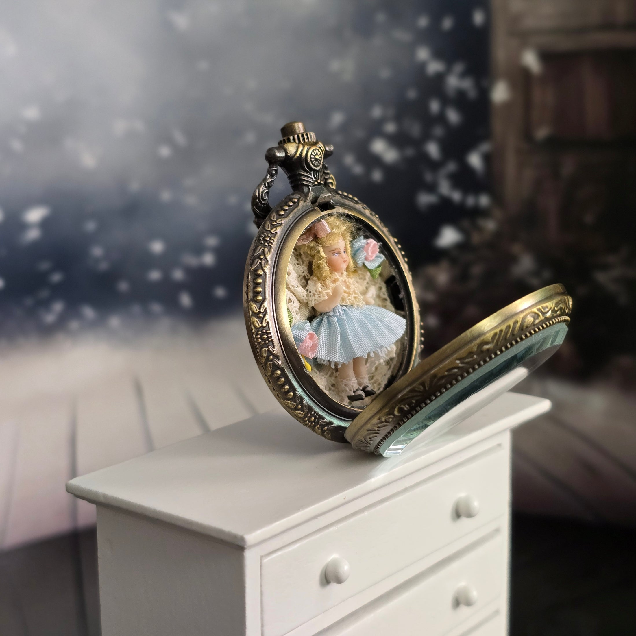 Unique Pat Boldt Pocket Watch Doll Diorama OOAK Miniature Dollhouse