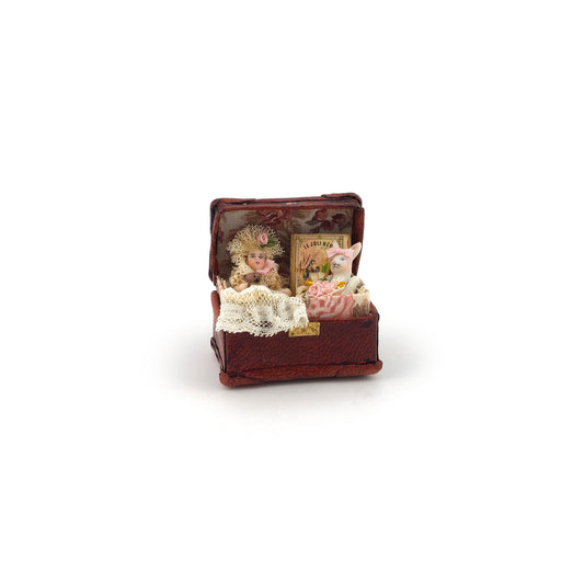 Pat Boldt Leather Trunk & Porcelain Toys Diorama OOAK Nursery Decor