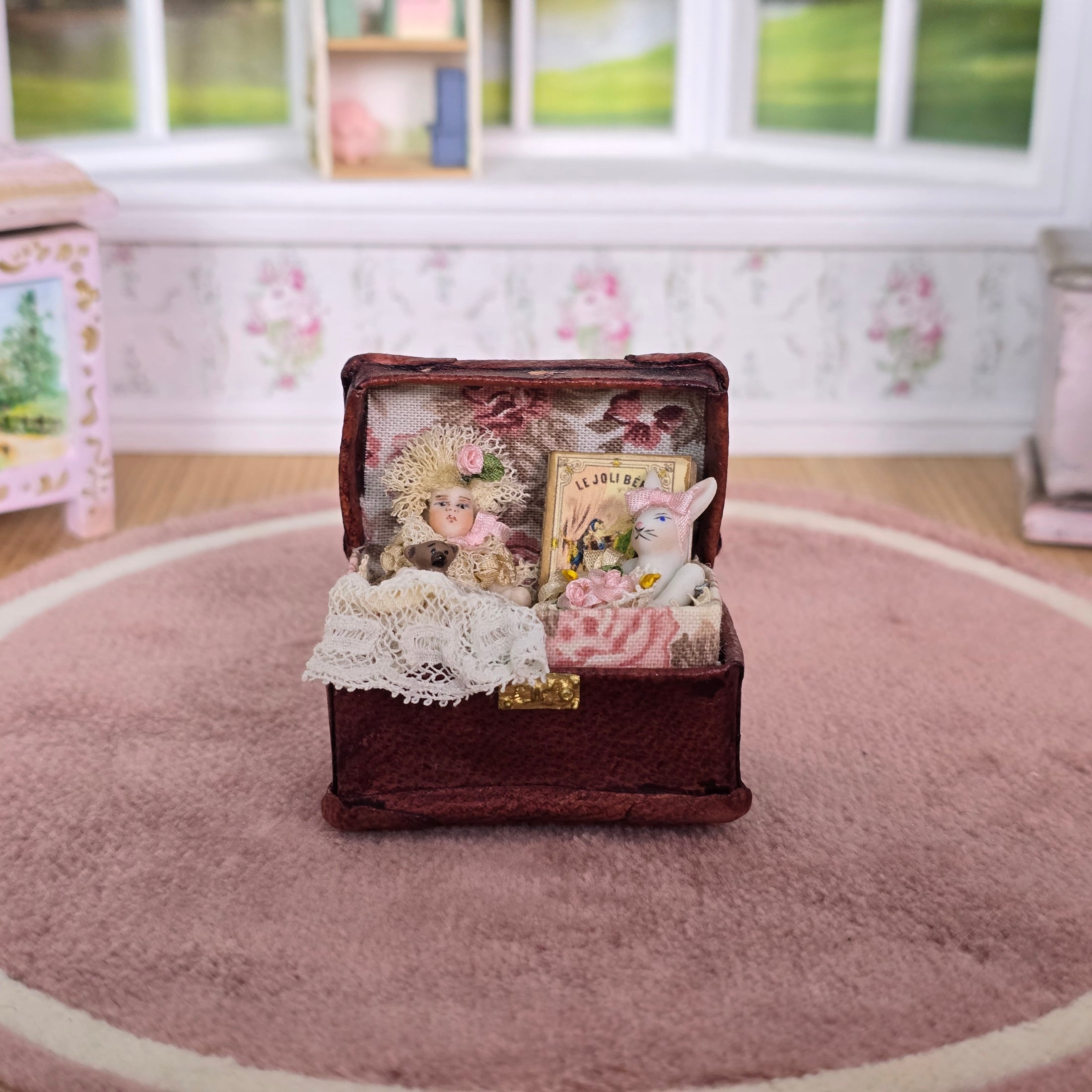 Pat Boldt Leather Trunk & Porcelain Toys Diorama OOAK Nursery Decor