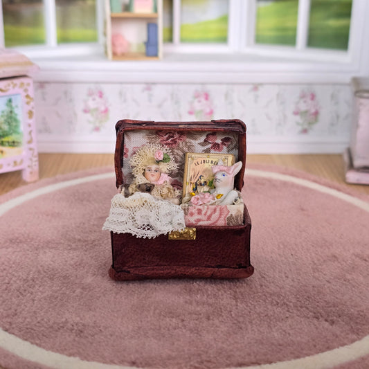Pat Boldt Leather Trunk & Porcelain Toys Diorama OOAK Nursery Decor