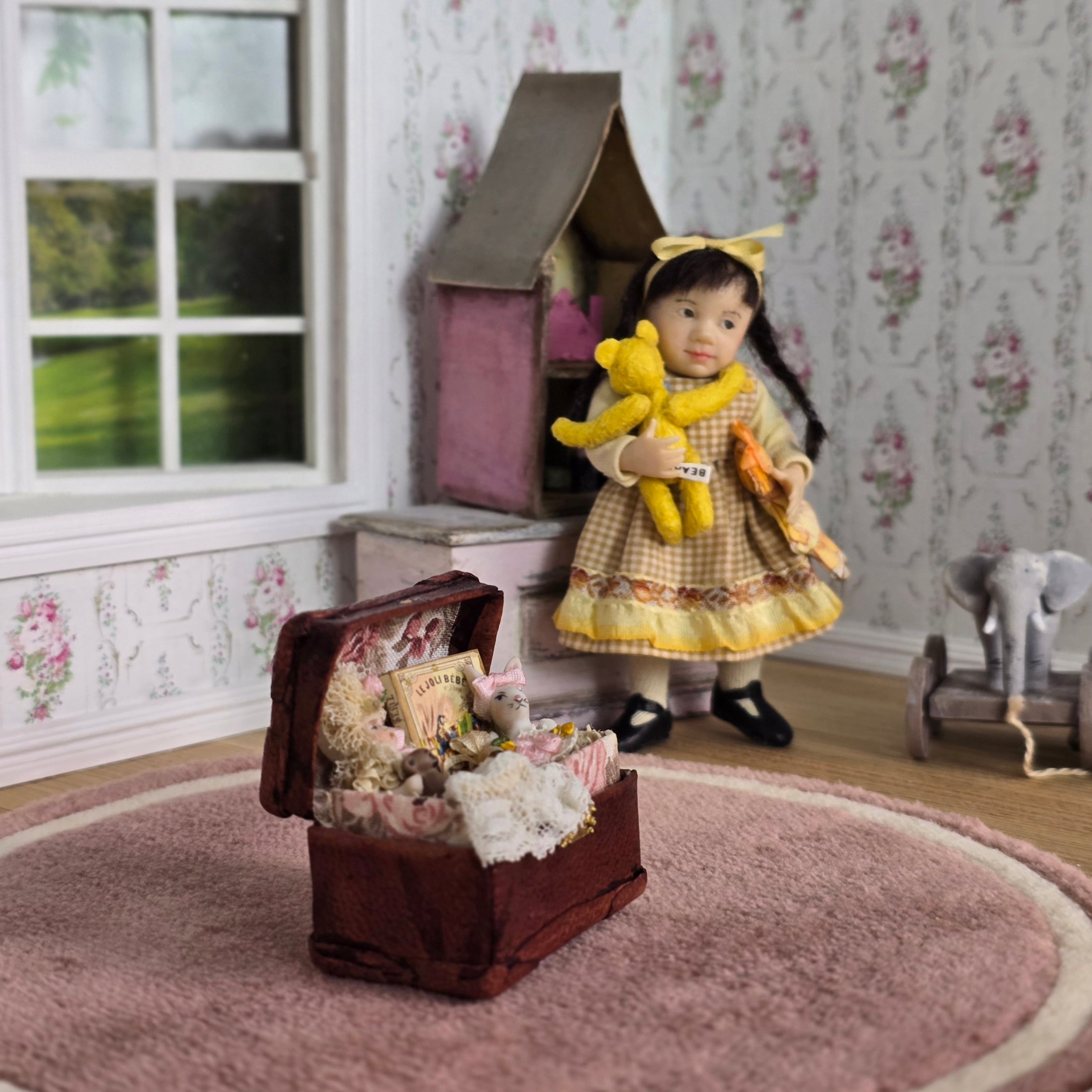 Pat Boldt Leather Trunk & Porcelain Toys Diorama OOAK Nursery Decor