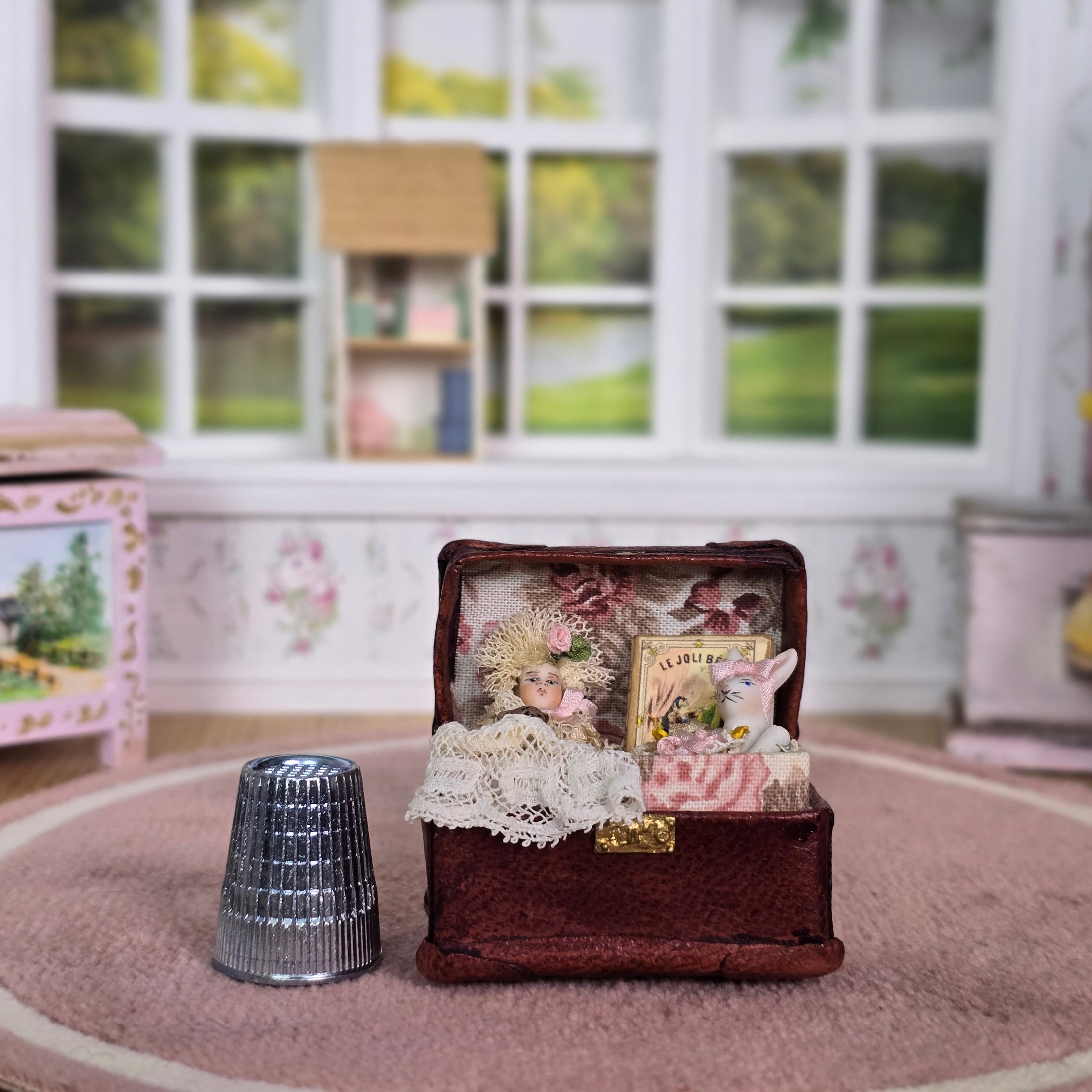 Pat Boldt Leather Trunk & Porcelain Toys Diorama OOAK Nursery Decor