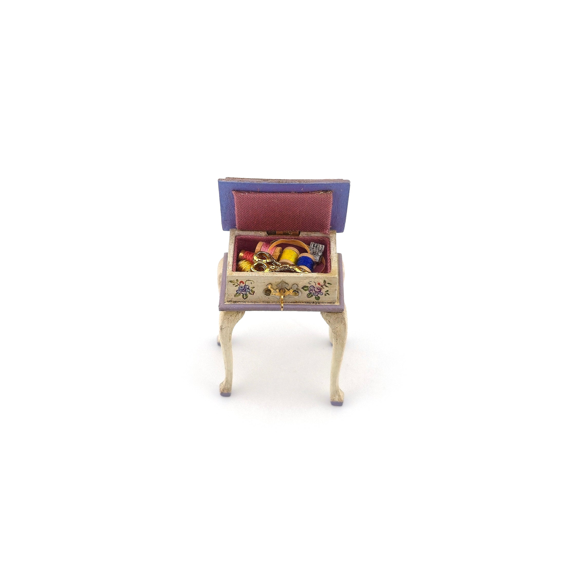 Lilac Hand Painted Rosemarie Torre Sewing Stand Box 1981 with Notions