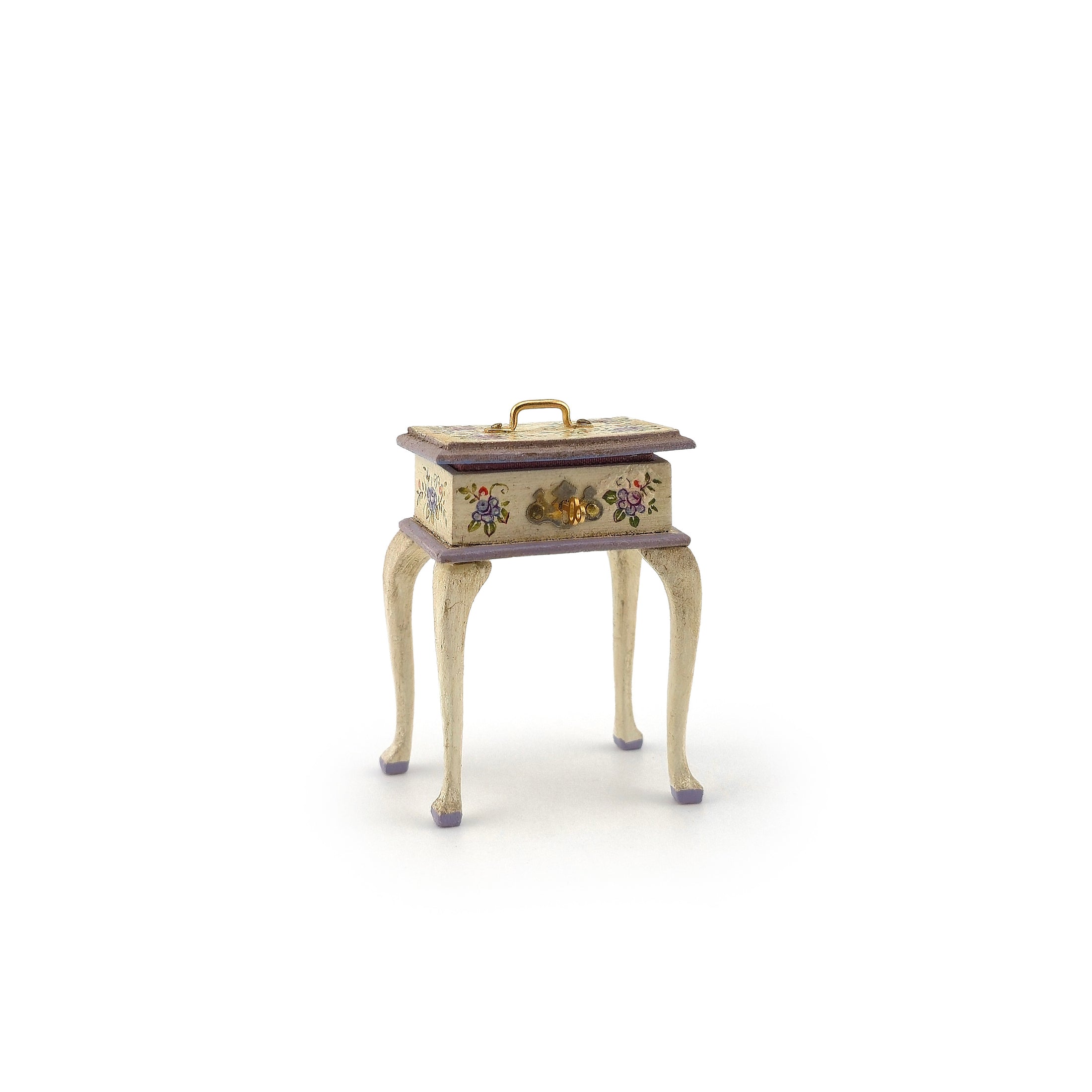 Lilac Hand Painted Rosemarie Torre Sewing Stand Box 1981 with Notions