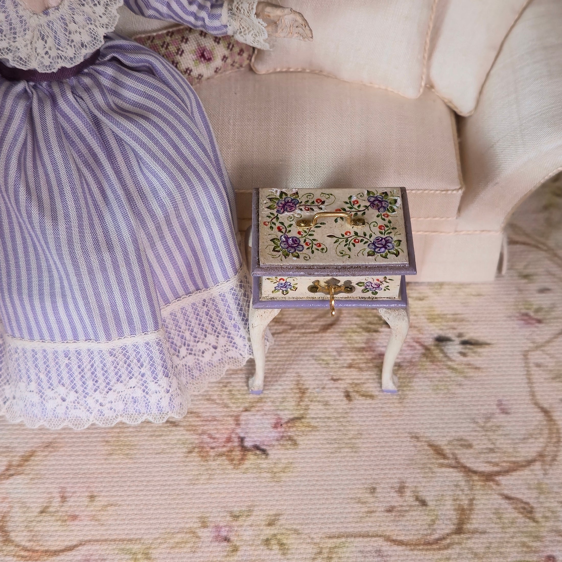 Lilac Hand Painted Rosemarie Torre Sewing Stand Box 1981 with Notions
